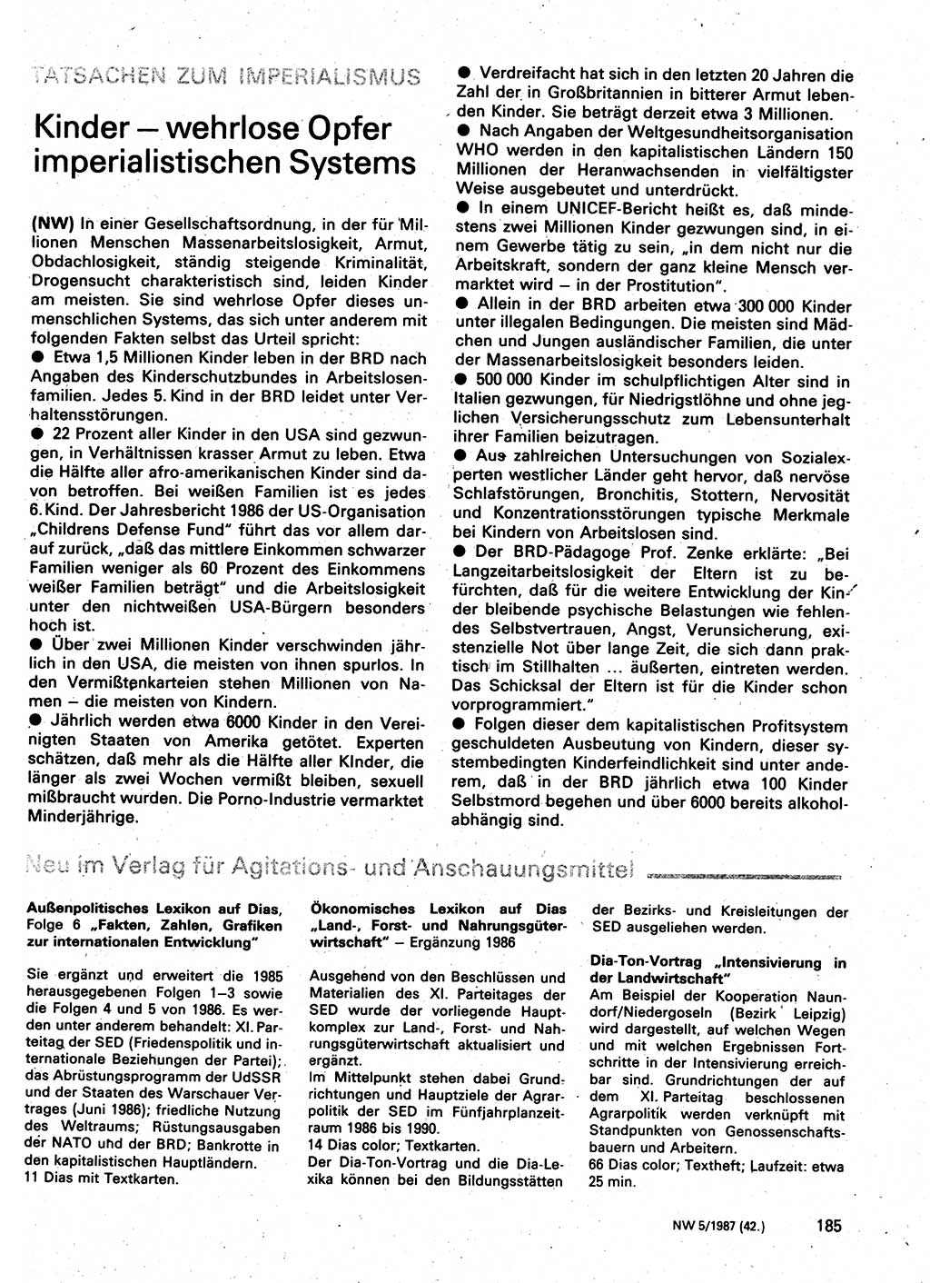 Neuer Weg (NW), Organ des Zentralkomitees (ZK) der SED (Sozialistische Einheitspartei Deutschlands) für Fragen des Parteilebens, 42. Jahrgang [Deutsche Demokratische Republik (DDR)] 1987, Seite 185 (NW ZK SED DDR 1987, S. 185)