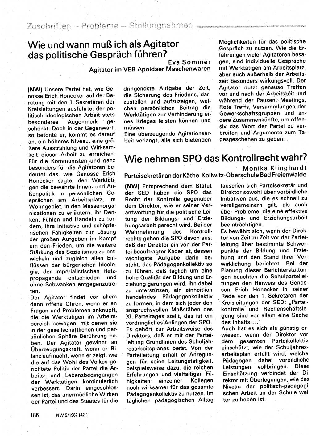 Neuer Weg (NW), Organ des Zentralkomitees (ZK) der SED (Sozialistische Einheitspartei Deutschlands) für Fragen des Parteilebens, 42. Jahrgang [Deutsche Demokratische Republik (DDR)] 1987, Seite 186 (NW ZK SED DDR 1987, S. 186)