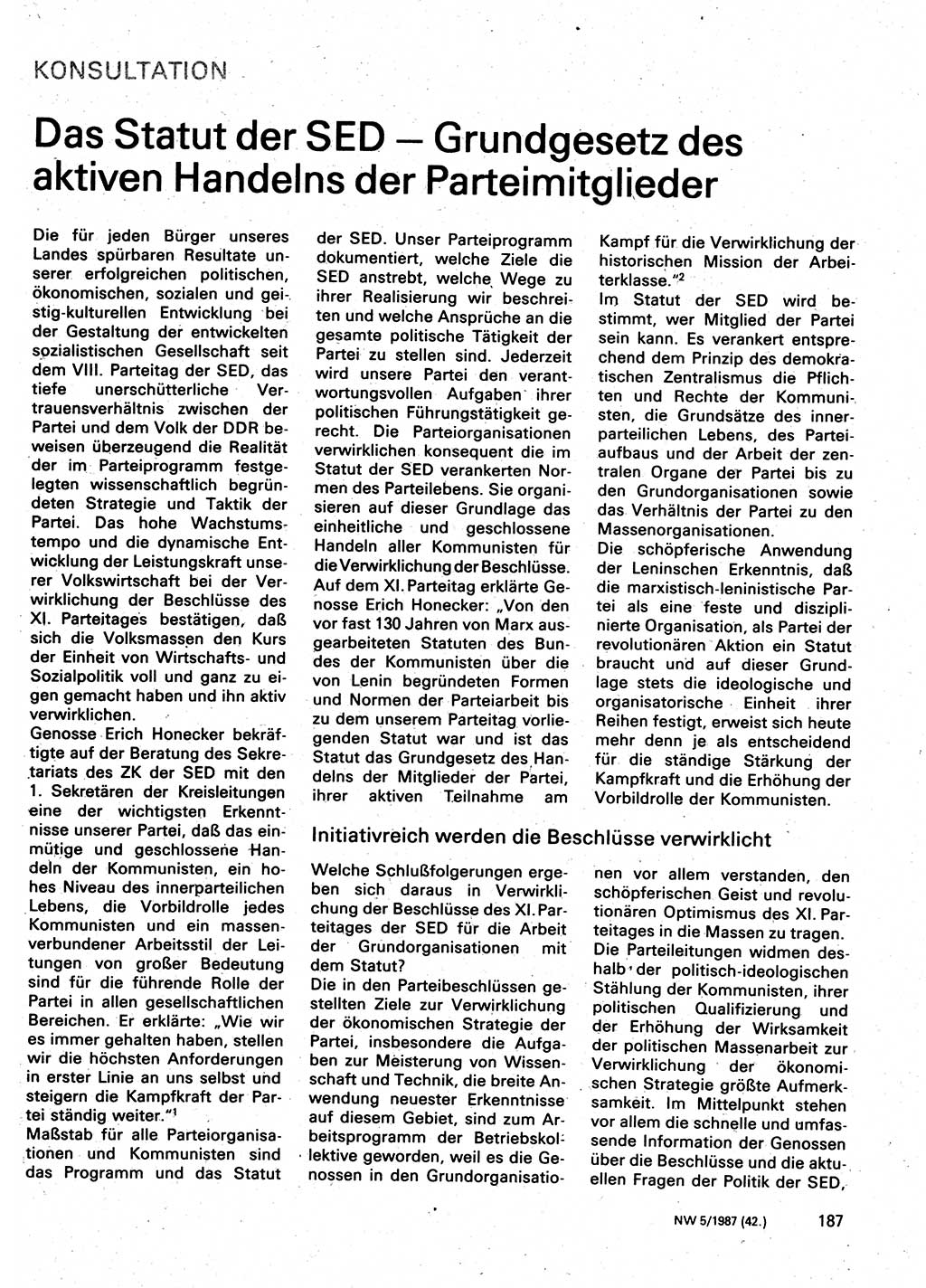 Neuer Weg (NW), Organ des Zentralkomitees (ZK) der SED (Sozialistische Einheitspartei Deutschlands) für Fragen des Parteilebens, 42. Jahrgang [Deutsche Demokratische Republik (DDR)] 1987, Seite 187 (NW ZK SED DDR 1987, S. 187)