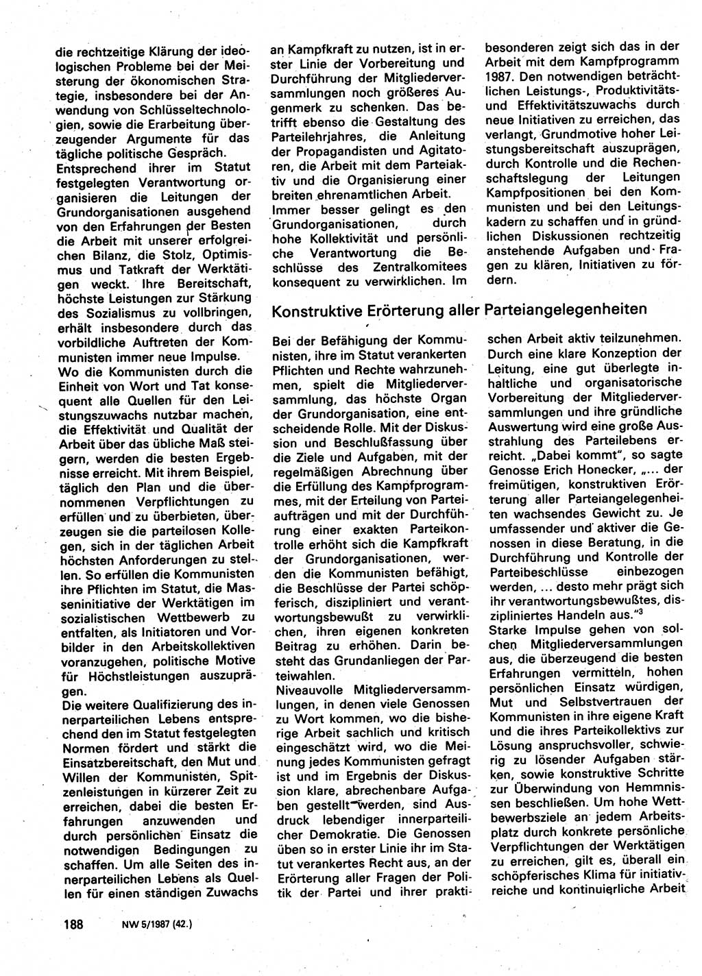 Neuer Weg (NW), Organ des Zentralkomitees (ZK) der SED (Sozialistische Einheitspartei Deutschlands) für Fragen des Parteilebens, 42. Jahrgang [Deutsche Demokratische Republik (DDR)] 1987, Seite 188 (NW ZK SED DDR 1987, S. 188)