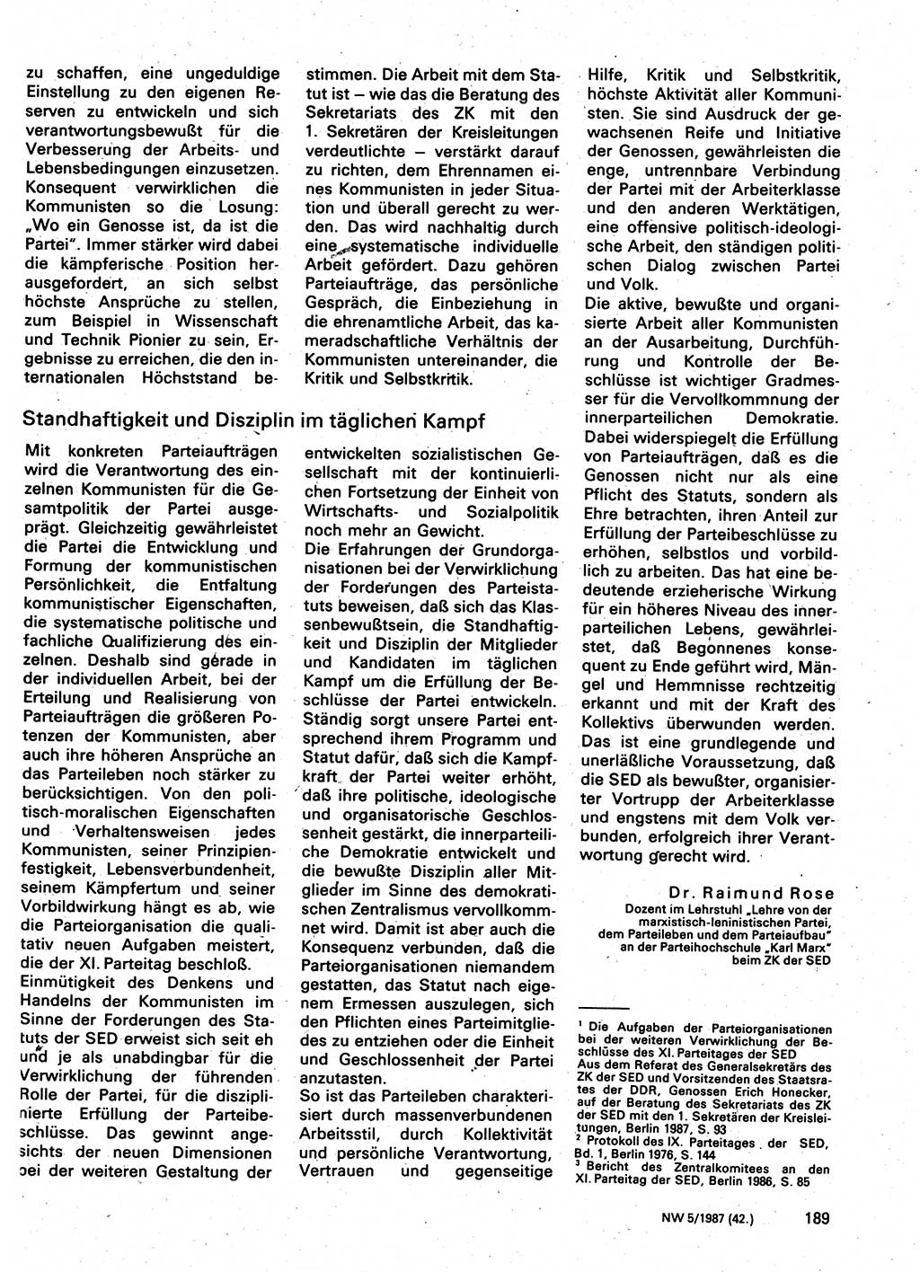 Neuer Weg (NW), Organ des Zentralkomitees (ZK) der SED (Sozialistische Einheitspartei Deutschlands) für Fragen des Parteilebens, 42. Jahrgang [Deutsche Demokratische Republik (DDR)] 1987, Seite 189 (NW ZK SED DDR 1987, S. 189)
