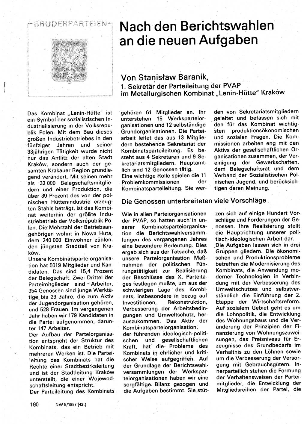 Neuer Weg (NW), Organ des Zentralkomitees (ZK) der SED (Sozialistische Einheitspartei Deutschlands) für Fragen des Parteilebens, 42. Jahrgang [Deutsche Demokratische Republik (DDR)] 1987, Seite 190 (NW ZK SED DDR 1987, S. 190)