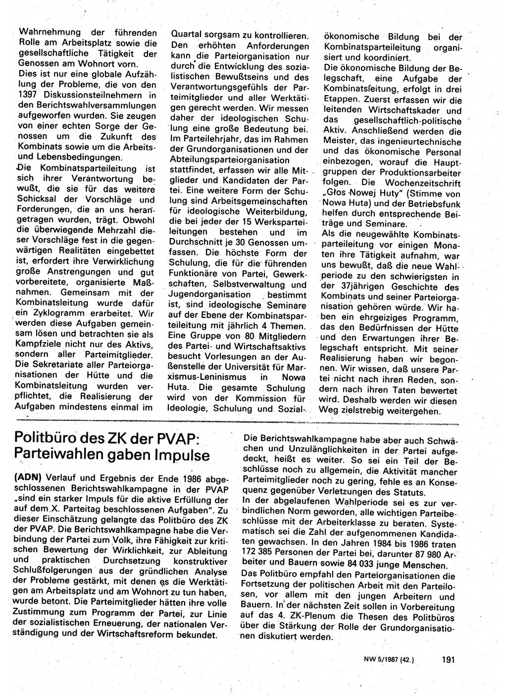 Neuer Weg (NW), Organ des Zentralkomitees (ZK) der SED (Sozialistische Einheitspartei Deutschlands) für Fragen des Parteilebens, 42. Jahrgang [Deutsche Demokratische Republik (DDR)] 1987, Seite 191 (NW ZK SED DDR 1987, S. 191)