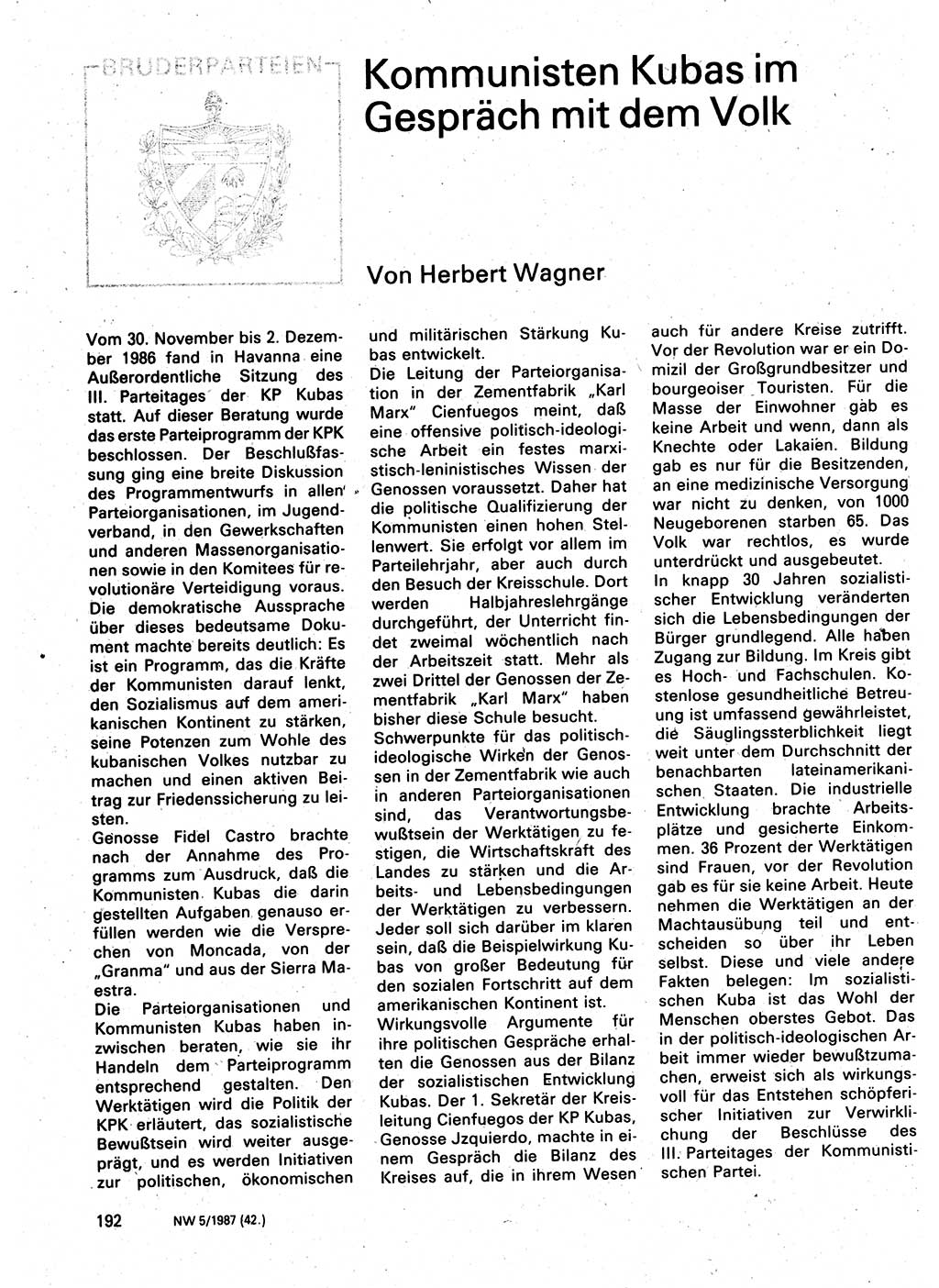 Neuer Weg (NW), Organ des Zentralkomitees (ZK) der SED (Sozialistische Einheitspartei Deutschlands) für Fragen des Parteilebens, 42. Jahrgang [Deutsche Demokratische Republik (DDR)] 1987, Seite 192 (NW ZK SED DDR 1987, S. 192)