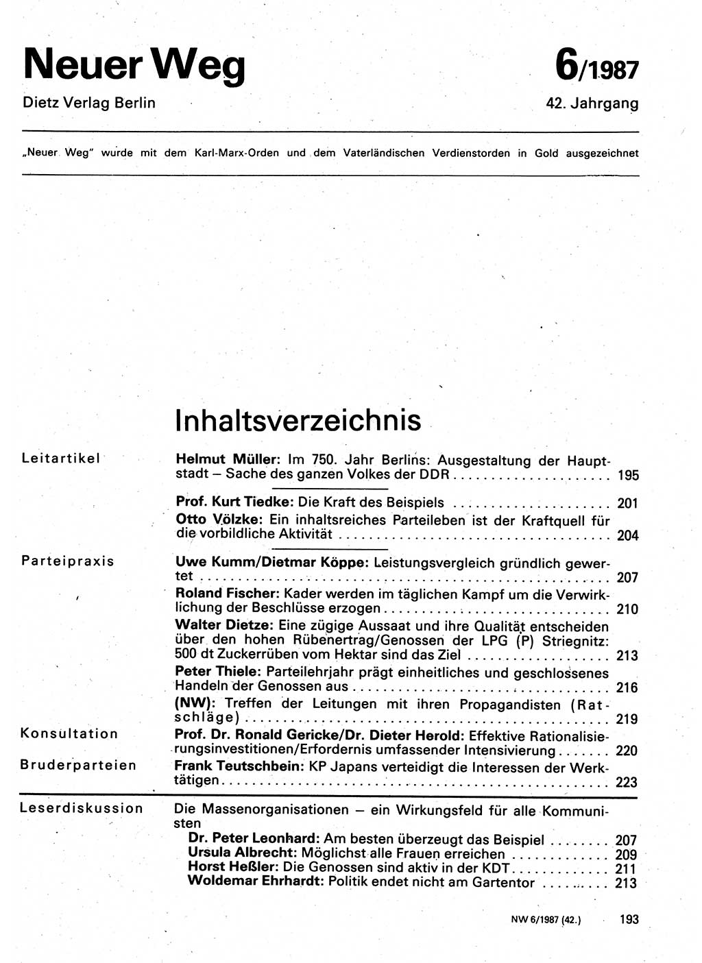 Neuer Weg (NW), Organ des Zentralkomitees (ZK) der SED (Sozialistische Einheitspartei Deutschlands) für Fragen des Parteilebens, 42. Jahrgang [Deutsche Demokratische Republik (DDR)] 1987, Seite 193 (NW ZK SED DDR 1987, S. 193)