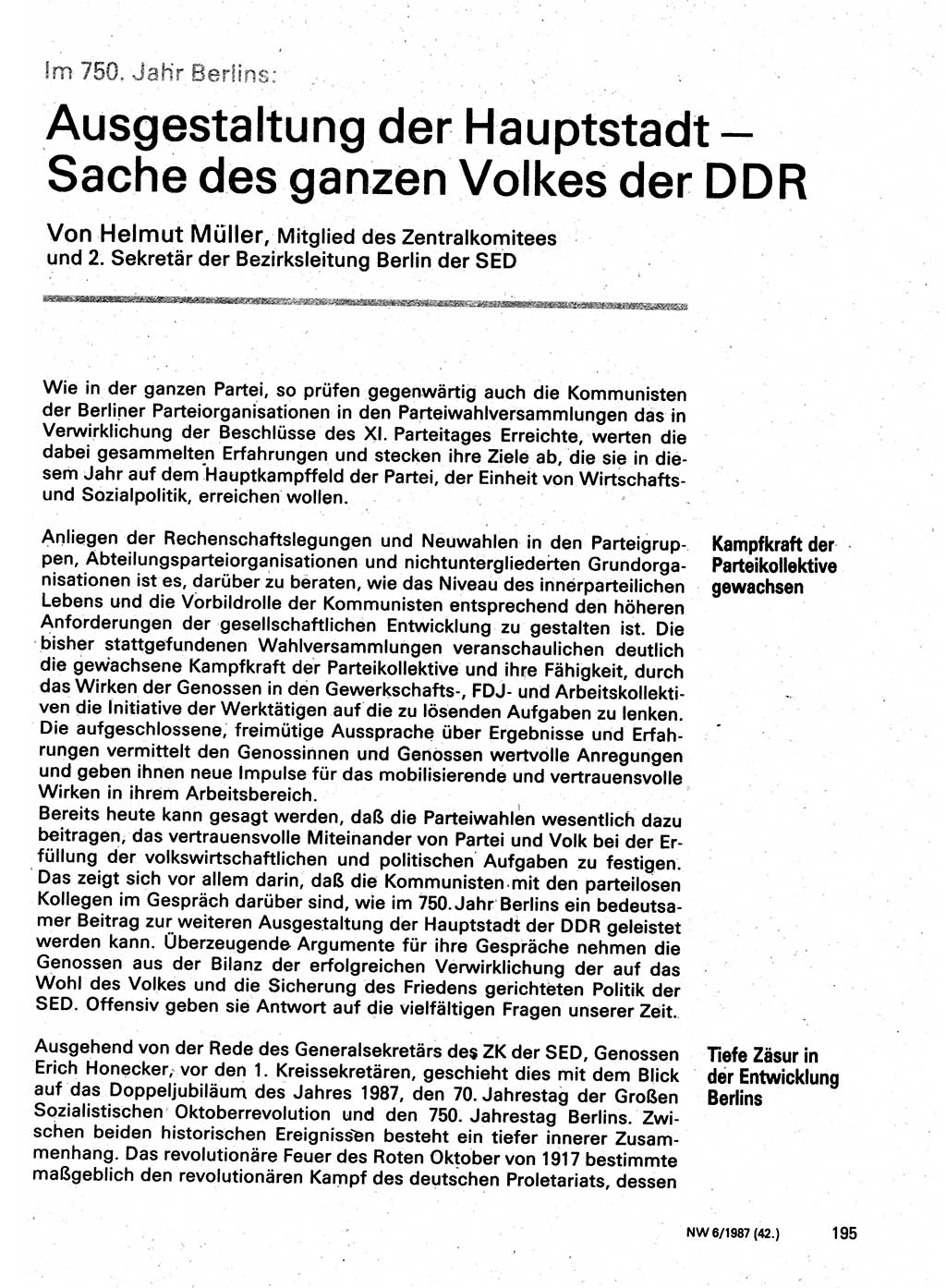 Neuer Weg (NW), Organ des Zentralkomitees (ZK) der SED (Sozialistische Einheitspartei Deutschlands) für Fragen des Parteilebens, 42. Jahrgang [Deutsche Demokratische Republik (DDR)] 1987, Seite 195 (NW ZK SED DDR 1987, S. 195)