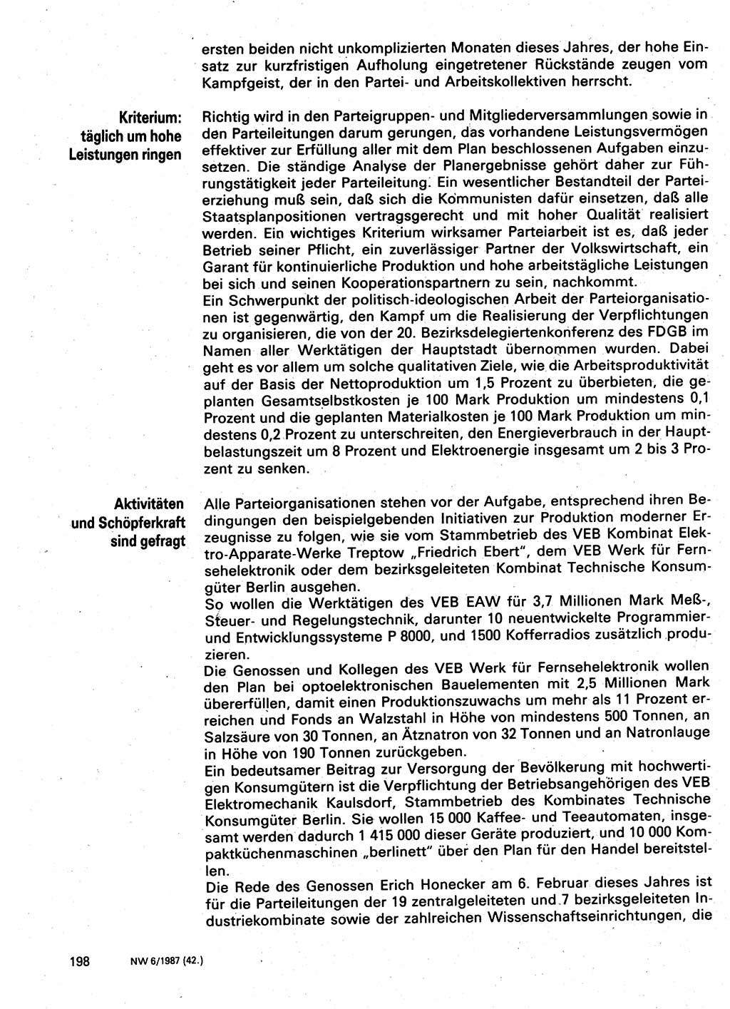 Neuer Weg (NW), Organ des Zentralkomitees (ZK) der SED (Sozialistische Einheitspartei Deutschlands) für Fragen des Parteilebens, 42. Jahrgang [Deutsche Demokratische Republik (DDR)] 1987, Seite 198 (NW ZK SED DDR 1987, S. 198)