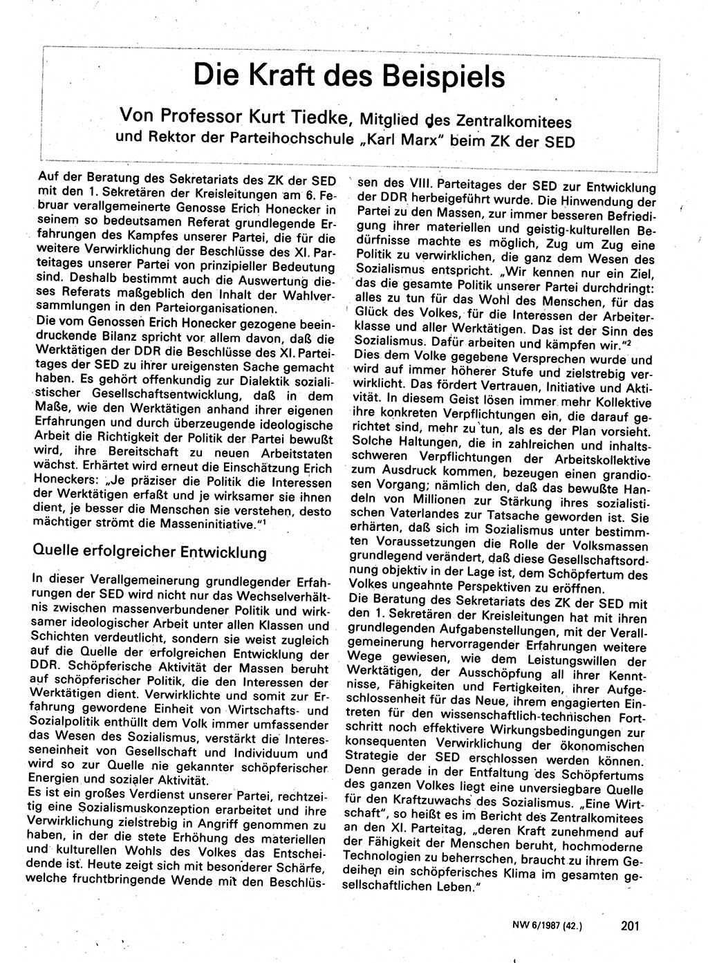 Neuer Weg (NW), Organ des Zentralkomitees (ZK) der SED (Sozialistische Einheitspartei Deutschlands) für Fragen des Parteilebens, 42. Jahrgang [Deutsche Demokratische Republik (DDR)] 1987, Seite 201 (NW ZK SED DDR 1987, S. 201)
