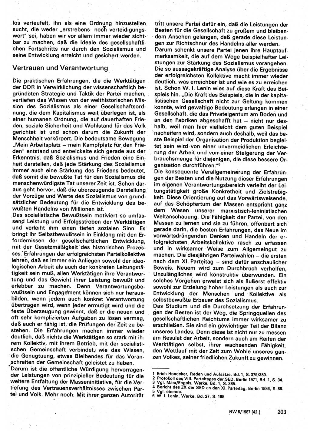 Neuer Weg (NW), Organ des Zentralkomitees (ZK) der SED (Sozialistische Einheitspartei Deutschlands) für Fragen des Parteilebens, 42. Jahrgang [Deutsche Demokratische Republik (DDR)] 1987, Seite 203 (NW ZK SED DDR 1987, S. 203)