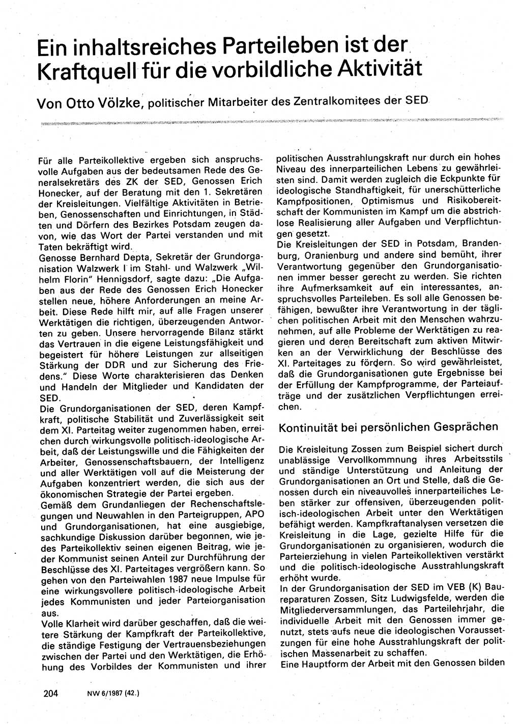 Neuer Weg (NW), Organ des Zentralkomitees (ZK) der SED (Sozialistische Einheitspartei Deutschlands) für Fragen des Parteilebens, 42. Jahrgang [Deutsche Demokratische Republik (DDR)] 1987, Seite 204 (NW ZK SED DDR 1987, S. 204)