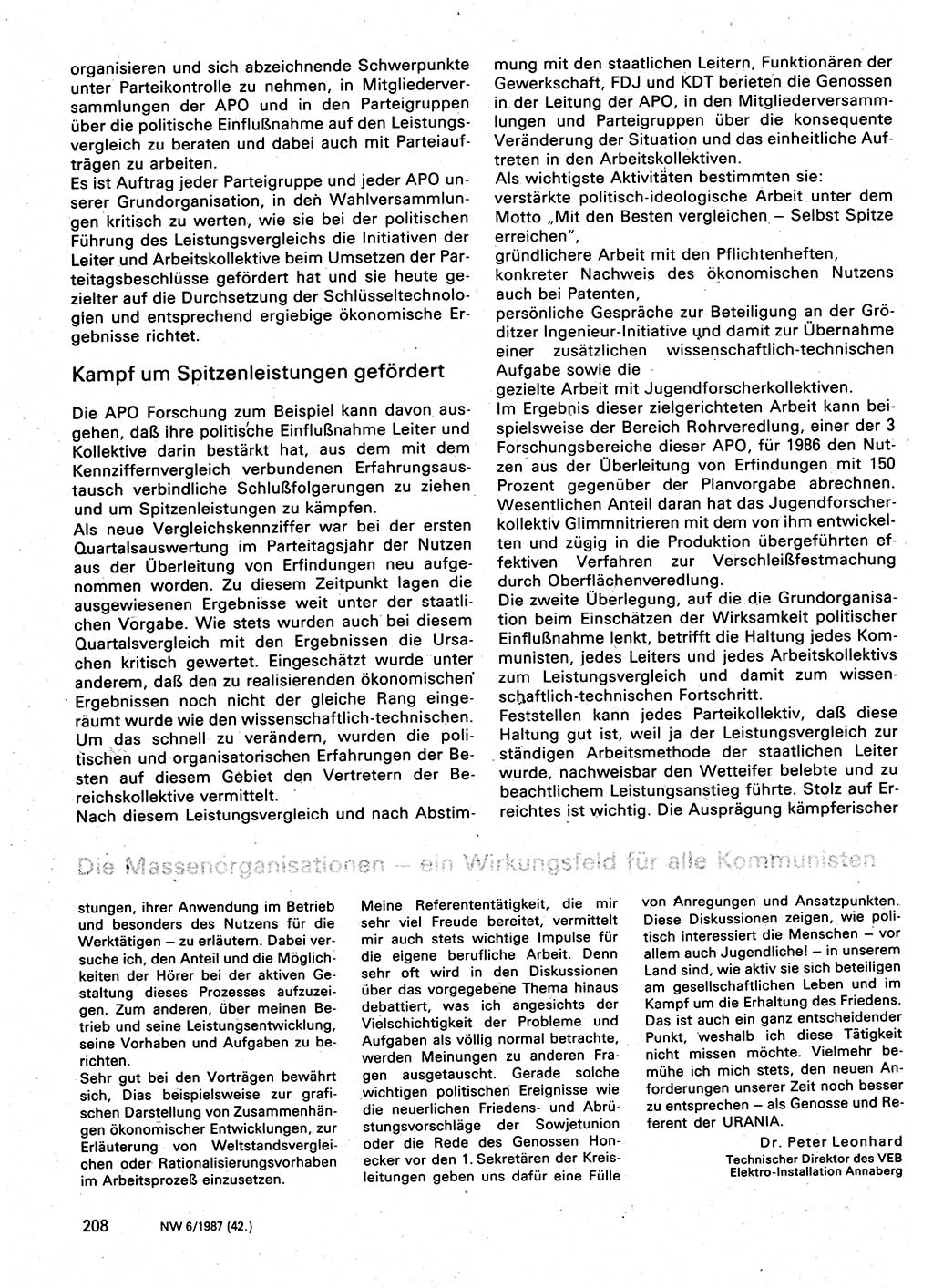 Neuer Weg (NW), Organ des Zentralkomitees (ZK) der SED (Sozialistische Einheitspartei Deutschlands) für Fragen des Parteilebens, 42. Jahrgang [Deutsche Demokratische Republik (DDR)] 1987, Seite 208 (NW ZK SED DDR 1987, S. 208)