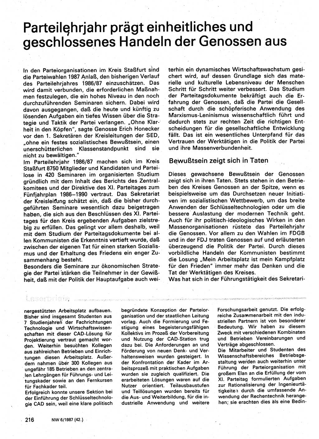 Neuer Weg (NW), Organ des Zentralkomitees (ZK) der SED (Sozialistische Einheitspartei Deutschlands) für Fragen des Parteilebens, 42. Jahrgang [Deutsche Demokratische Republik (DDR)] 1987, Seite 216 (NW ZK SED DDR 1987, S. 216)