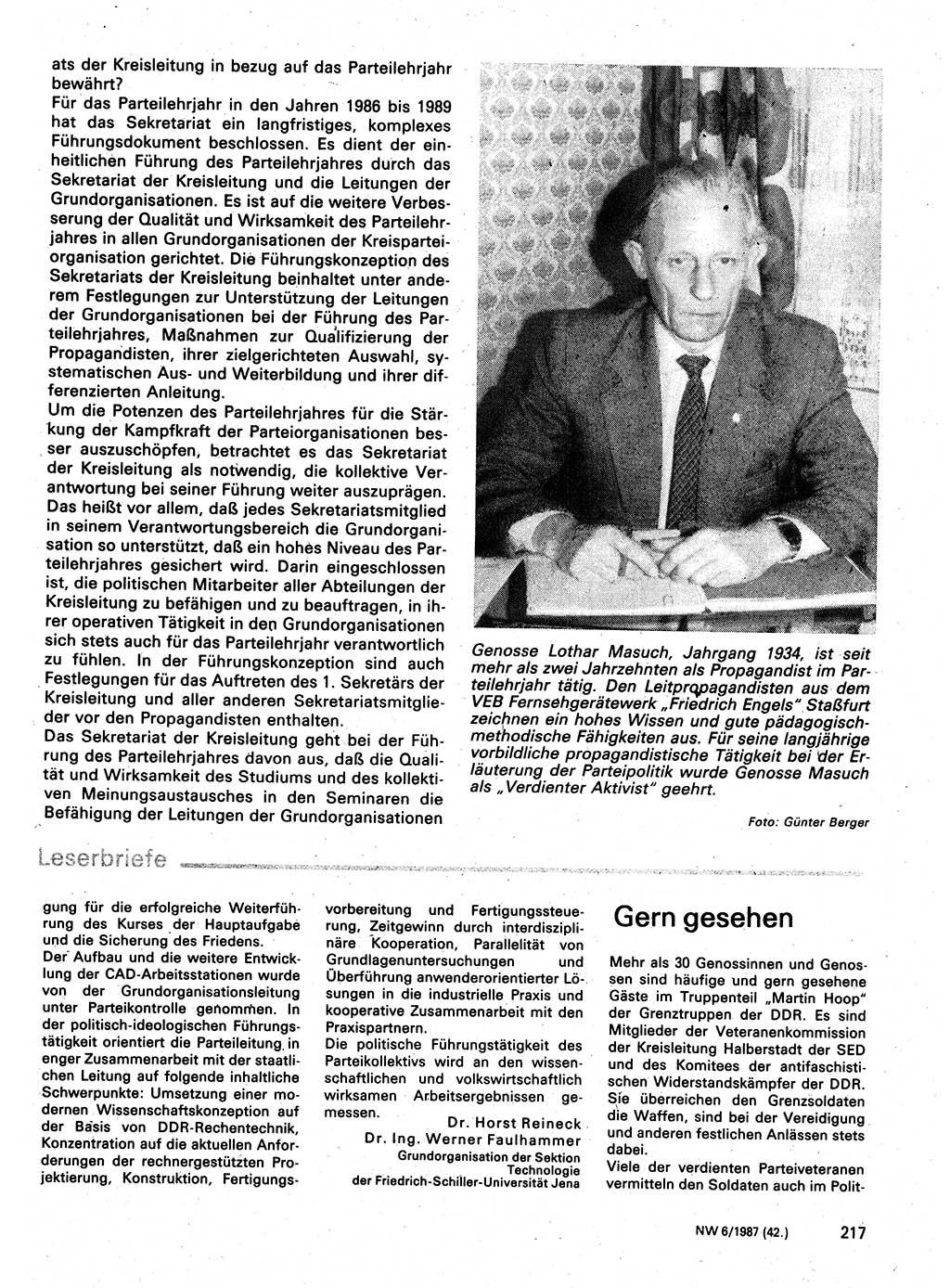 Neuer Weg (NW), Organ des Zentralkomitees (ZK) der SED (Sozialistische Einheitspartei Deutschlands) für Fragen des Parteilebens, 42. Jahrgang [Deutsche Demokratische Republik (DDR)] 1987, Seite 217 (NW ZK SED DDR 1987, S. 217)