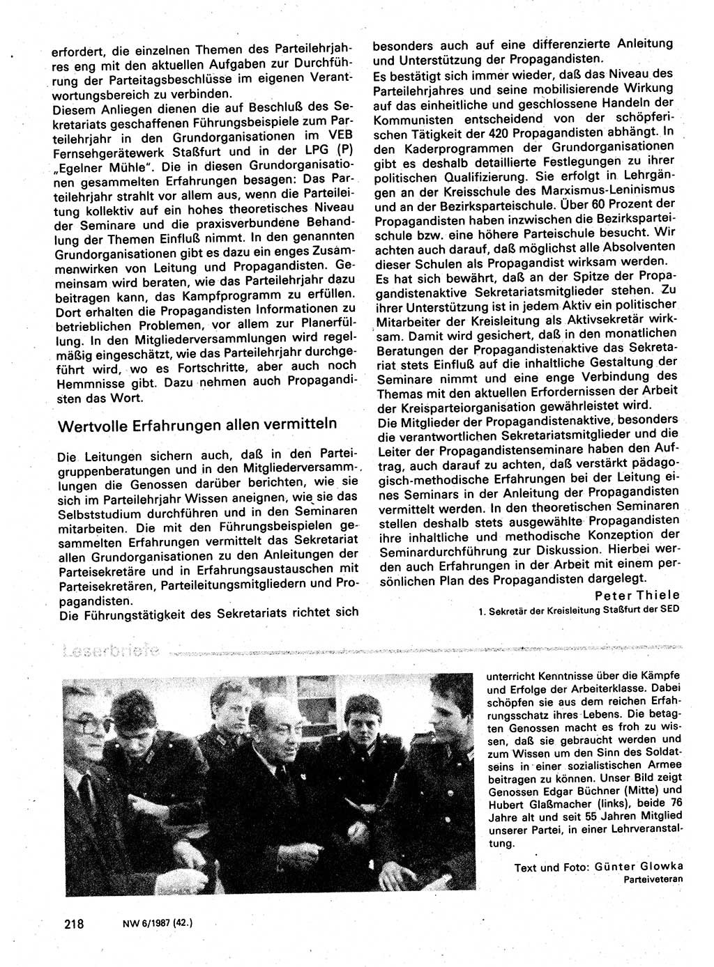 Neuer Weg (NW), Organ des Zentralkomitees (ZK) der SED (Sozialistische Einheitspartei Deutschlands) für Fragen des Parteilebens, 42. Jahrgang [Deutsche Demokratische Republik (DDR)] 1987, Seite 218 (NW ZK SED DDR 1987, S. 218)