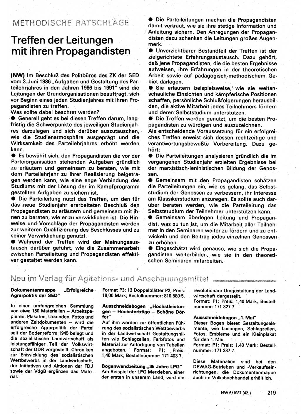 Neuer Weg (NW), Organ des Zentralkomitees (ZK) der SED (Sozialistische Einheitspartei Deutschlands) für Fragen des Parteilebens, 42. Jahrgang [Deutsche Demokratische Republik (DDR)] 1987, Seite 219 (NW ZK SED DDR 1987, S. 219)