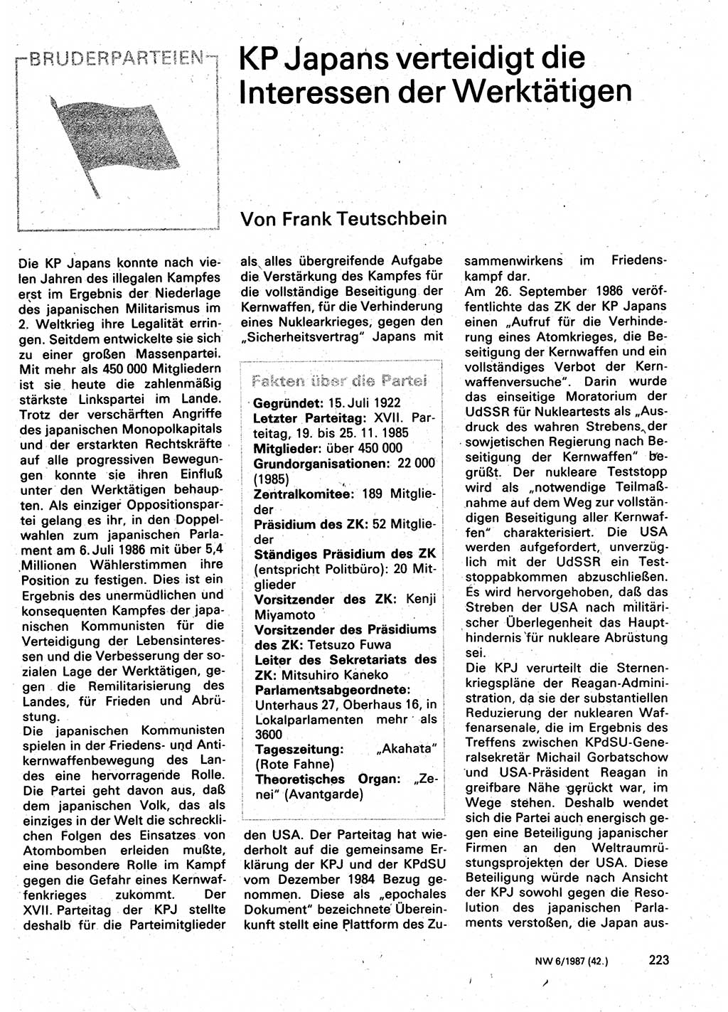 Neuer Weg (NW), Organ des Zentralkomitees (ZK) der SED (Sozialistische Einheitspartei Deutschlands) für Fragen des Parteilebens, 42. Jahrgang [Deutsche Demokratische Republik (DDR)] 1987, Seite 223 (NW ZK SED DDR 1987, S. 223)