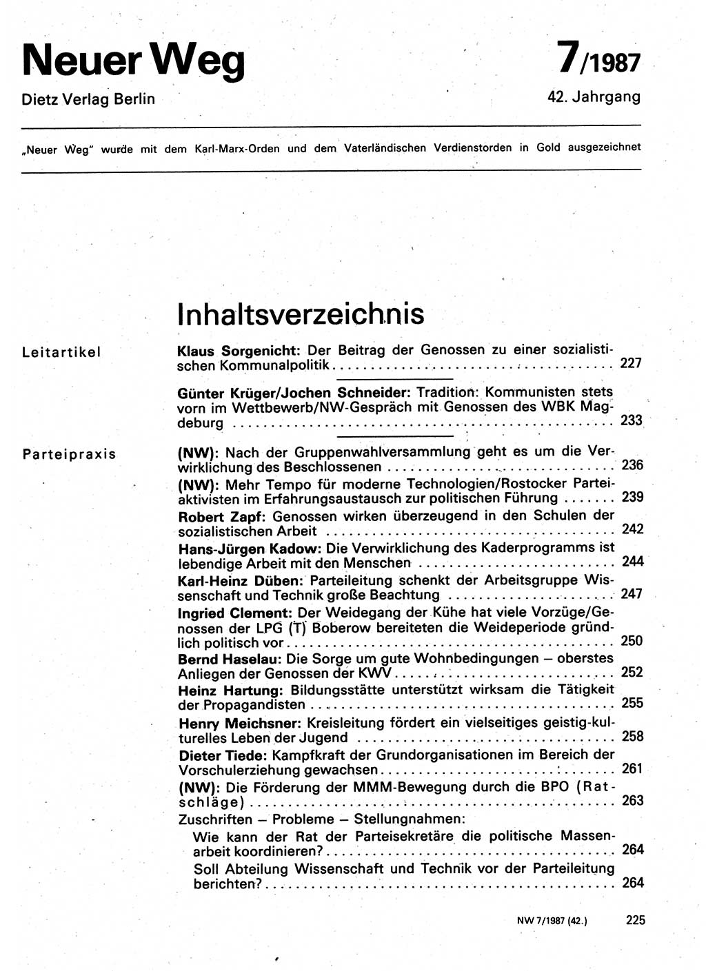 Neuer Weg (NW), Organ des Zentralkomitees (ZK) der SED (Sozialistische Einheitspartei Deutschlands) für Fragen des Parteilebens, 42. Jahrgang [Deutsche Demokratische Republik (DDR)] 1987, Seite 225 (NW ZK SED DDR 1987, S. 225)