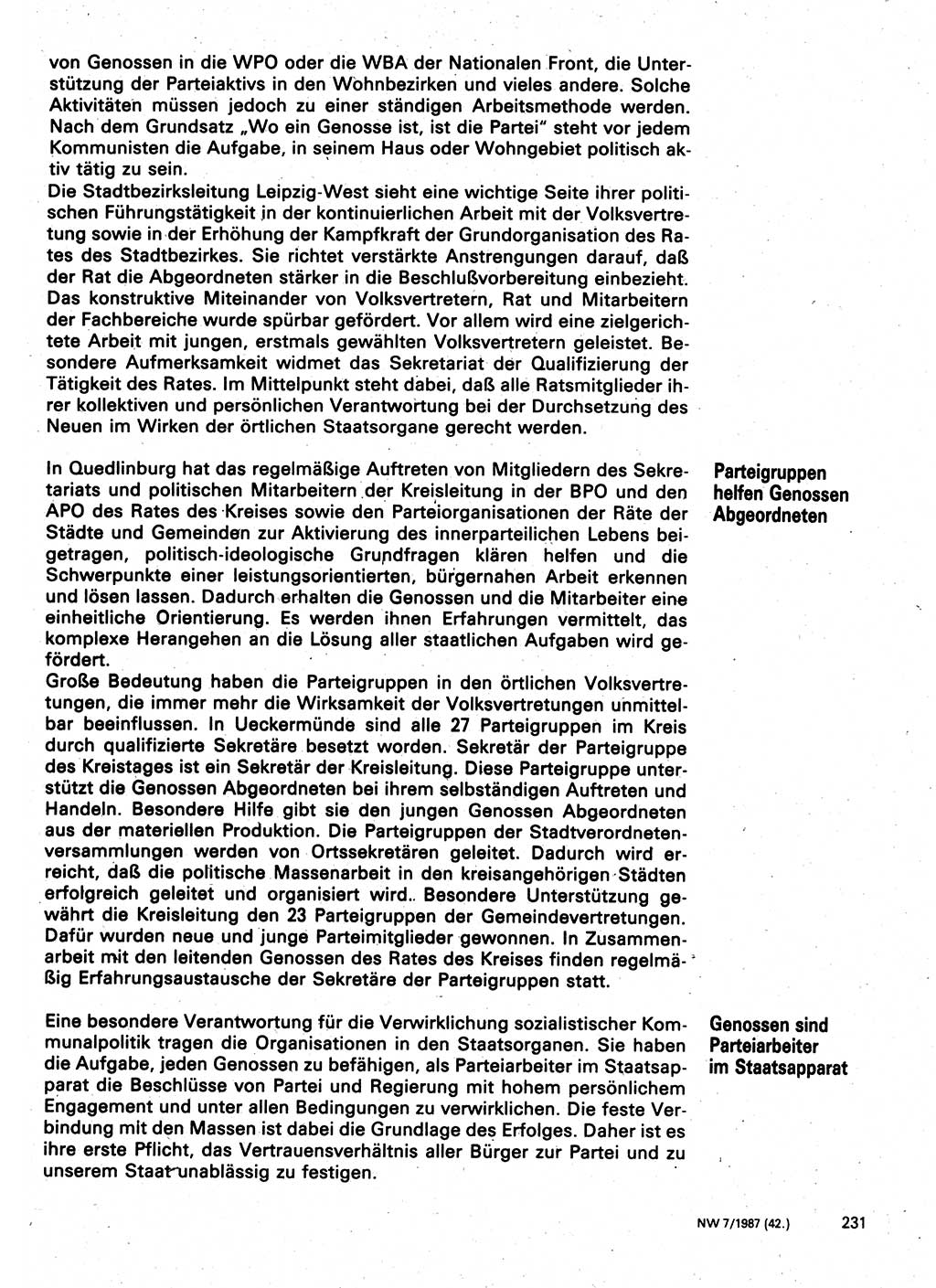 Neuer Weg (NW), Organ des Zentralkomitees (ZK) der SED (Sozialistische Einheitspartei Deutschlands) für Fragen des Parteilebens, 42. Jahrgang [Deutsche Demokratische Republik (DDR)] 1987, Seite 231 (NW ZK SED DDR 1987, S. 231)