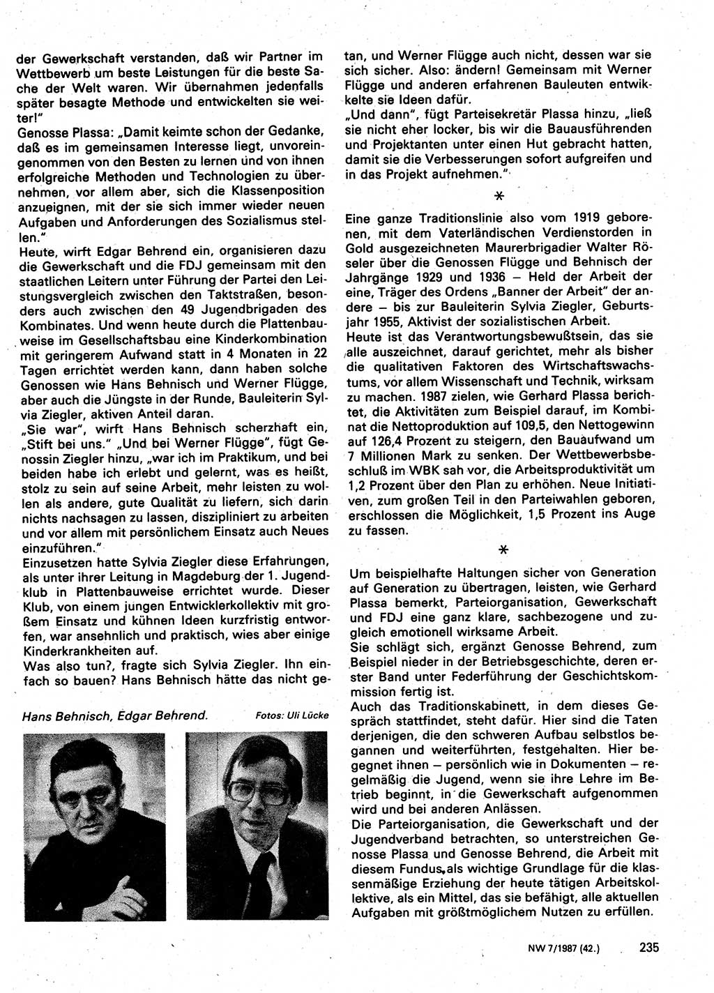 Neuer Weg (NW), Organ des Zentralkomitees (ZK) der SED (Sozialistische Einheitspartei Deutschlands) für Fragen des Parteilebens, 42. Jahrgang [Deutsche Demokratische Republik (DDR)] 1987, Seite 235 (NW ZK SED DDR 1987, S. 235)
