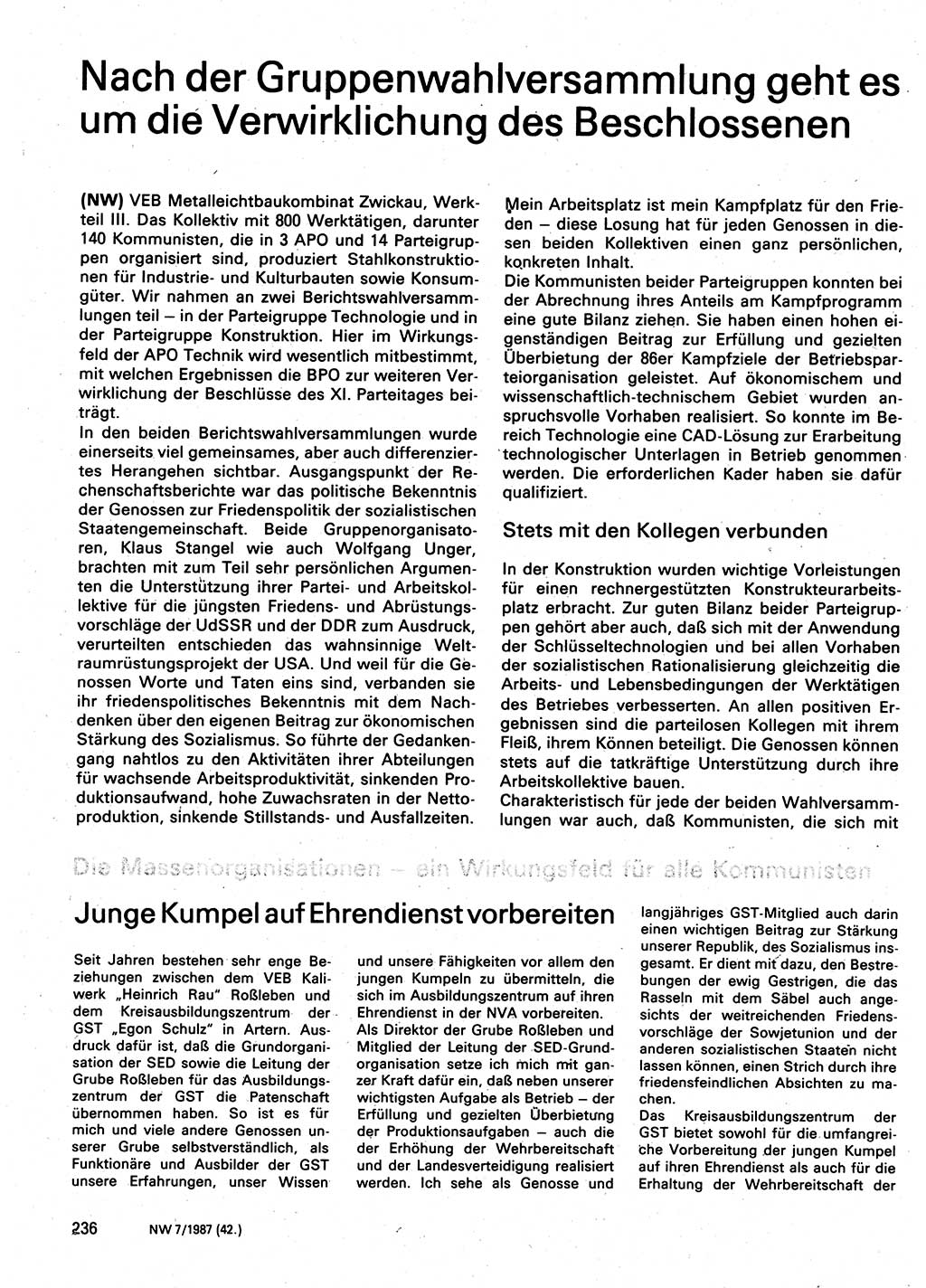 Neuer Weg (NW), Organ des Zentralkomitees (ZK) der SED (Sozialistische Einheitspartei Deutschlands) für Fragen des Parteilebens, 42. Jahrgang [Deutsche Demokratische Republik (DDR)] 1987, Seite 236 (NW ZK SED DDR 1987, S. 236)