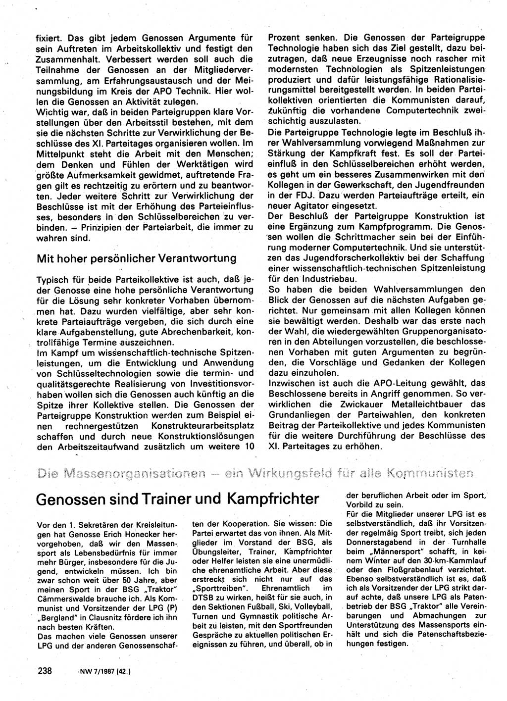 Neuer Weg (NW), Organ des Zentralkomitees (ZK) der SED (Sozialistische Einheitspartei Deutschlands) für Fragen des Parteilebens, 42. Jahrgang [Deutsche Demokratische Republik (DDR)] 1987, Seite 238 (NW ZK SED DDR 1987, S. 238)