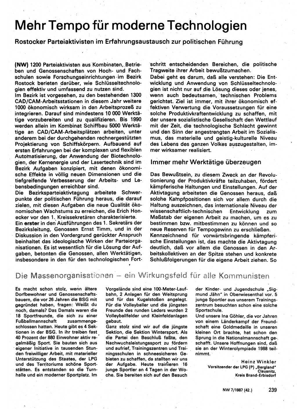 Neuer Weg (NW), Organ des Zentralkomitees (ZK) der SED (Sozialistische Einheitspartei Deutschlands) für Fragen des Parteilebens, 42. Jahrgang [Deutsche Demokratische Republik (DDR)] 1987, Seite 239 (NW ZK SED DDR 1987, S. 239)