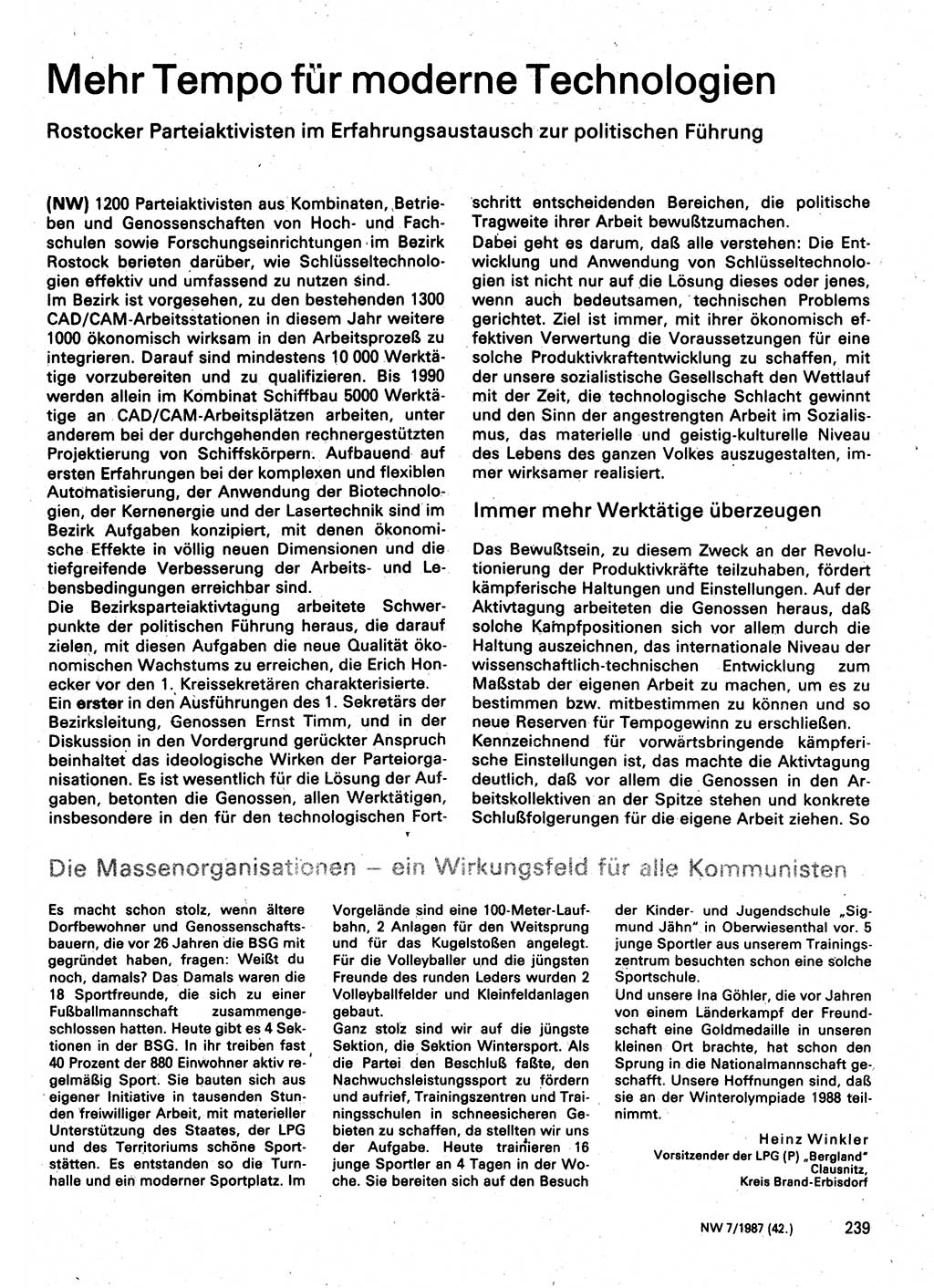 Neuer Weg (NW), Organ des Zentralkomitees (ZK) der SED (Sozialistische Einheitspartei Deutschlands) für Fragen des Parteilebens, 42. Jahrgang [Deutsche Demokratische Republik (DDR)] 1987, Seite 239 (NW ZK SED DDR 1987, S. 239)