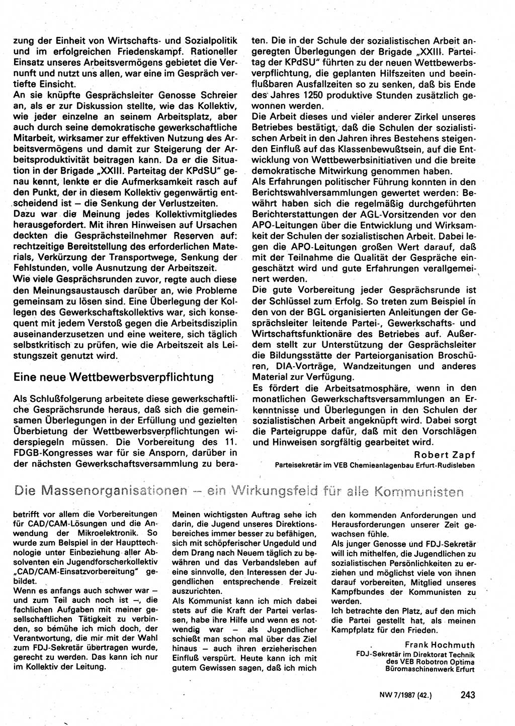 Neuer Weg (NW), Organ des Zentralkomitees (ZK) der SED (Sozialistische Einheitspartei Deutschlands) für Fragen des Parteilebens, 42. Jahrgang [Deutsche Demokratische Republik (DDR)] 1987, Seite 243 (NW ZK SED DDR 1987, S. 243)