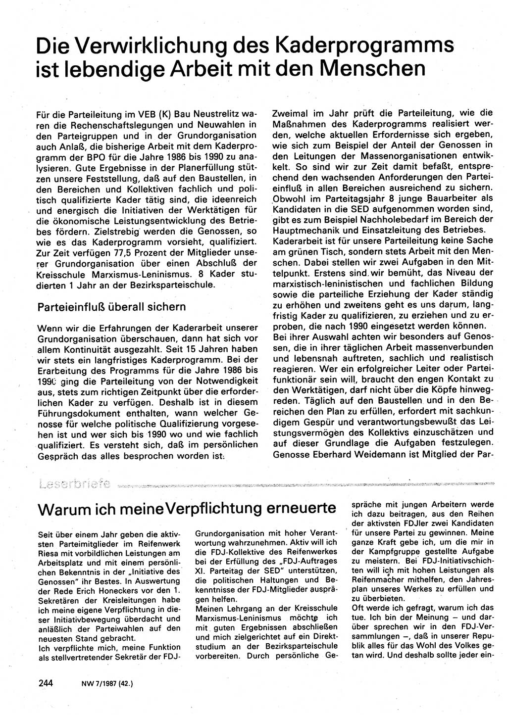 Neuer Weg (NW), Organ des Zentralkomitees (ZK) der SED (Sozialistische Einheitspartei Deutschlands) für Fragen des Parteilebens, 42. Jahrgang [Deutsche Demokratische Republik (DDR)] 1987, Seite 244 (NW ZK SED DDR 1987, S. 244)