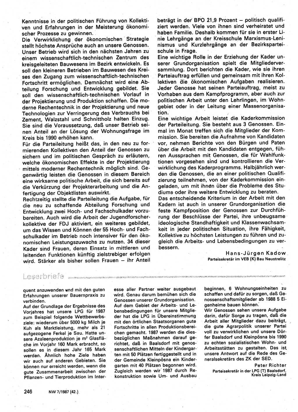 Neuer Weg (NW), Organ des Zentralkomitees (ZK) der SED (Sozialistische Einheitspartei Deutschlands) für Fragen des Parteilebens, 42. Jahrgang [Deutsche Demokratische Republik (DDR)] 1987, Seite 246 (NW ZK SED DDR 1987, S. 246)