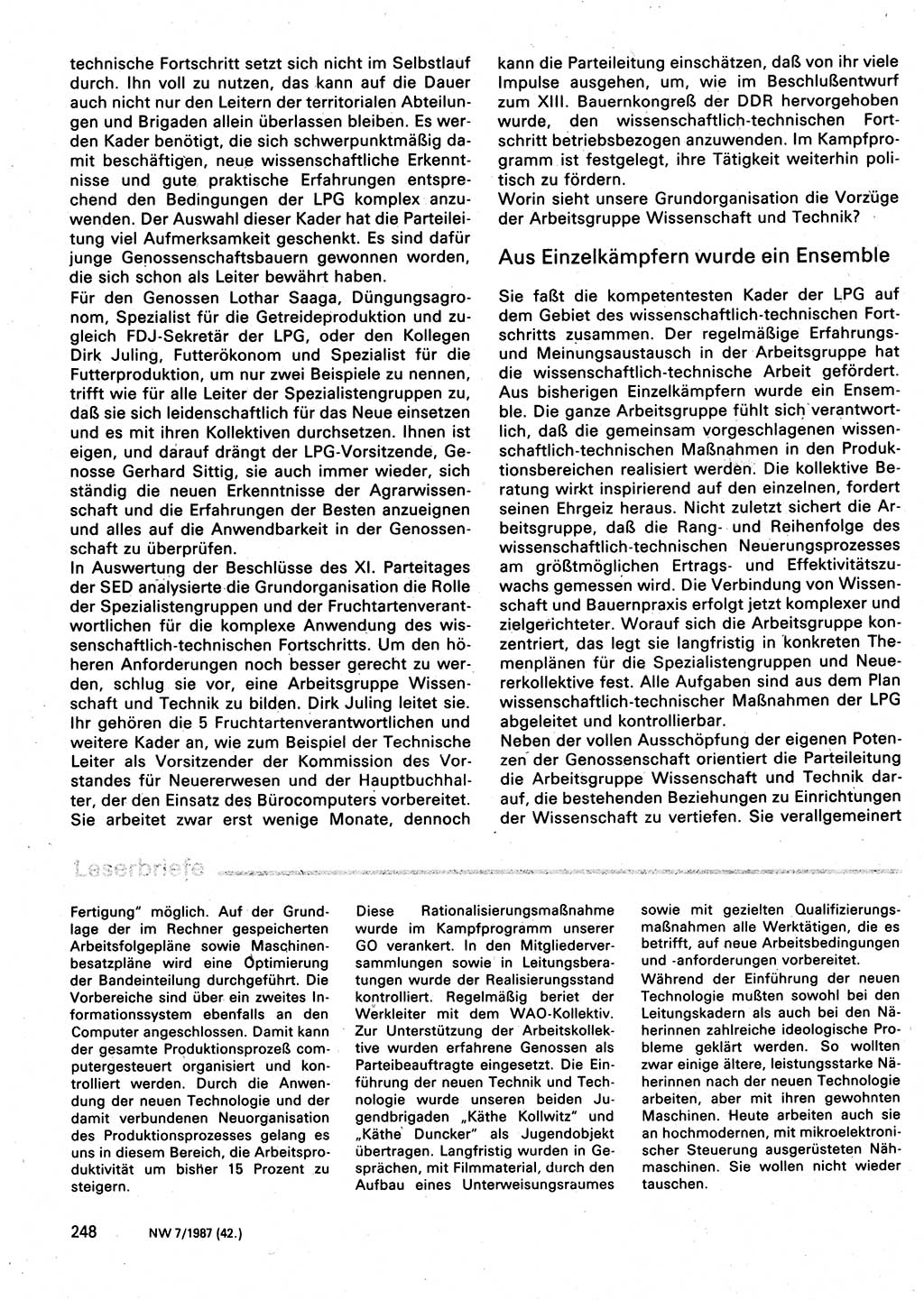 Neuer Weg (NW), Organ des Zentralkomitees (ZK) der SED (Sozialistische Einheitspartei Deutschlands) für Fragen des Parteilebens, 42. Jahrgang [Deutsche Demokratische Republik (DDR)] 1987, Seite 248 (NW ZK SED DDR 1987, S. 248)