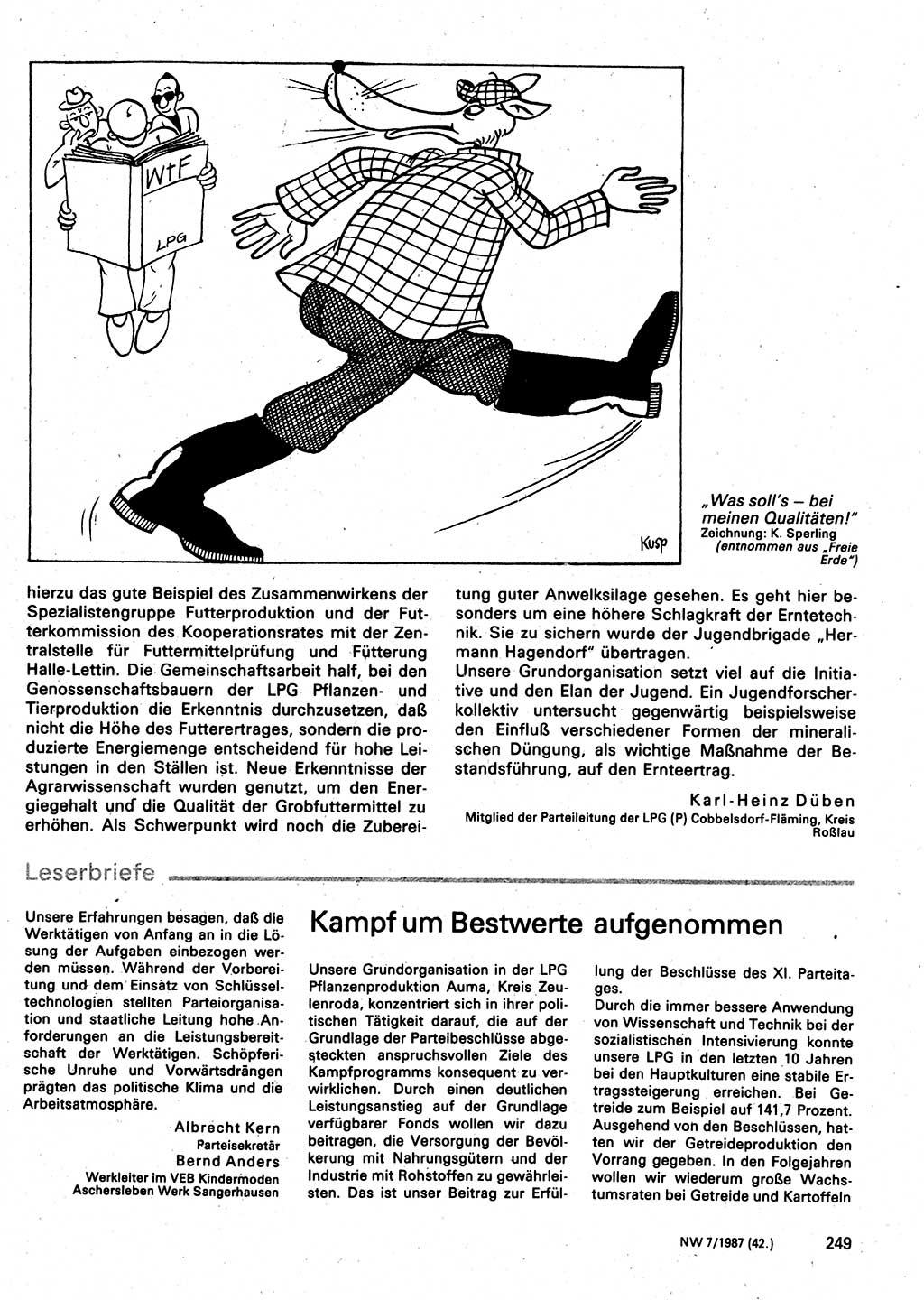 Neuer Weg (NW), Organ des Zentralkomitees (ZK) der SED (Sozialistische Einheitspartei Deutschlands) für Fragen des Parteilebens, 42. Jahrgang [Deutsche Demokratische Republik (DDR)] 1987, Seite 249 (NW ZK SED DDR 1987, S. 249)