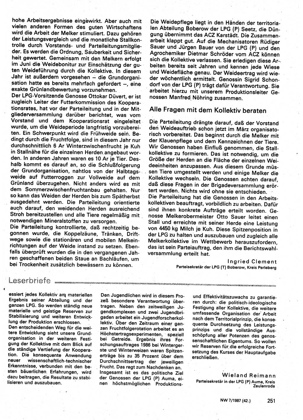 Neuer Weg (NW), Organ des Zentralkomitees (ZK) der SED (Sozialistische Einheitspartei Deutschlands) für Fragen des Parteilebens, 42. Jahrgang [Deutsche Demokratische Republik (DDR)] 1987, Seite 251 (NW ZK SED DDR 1987, S. 251)