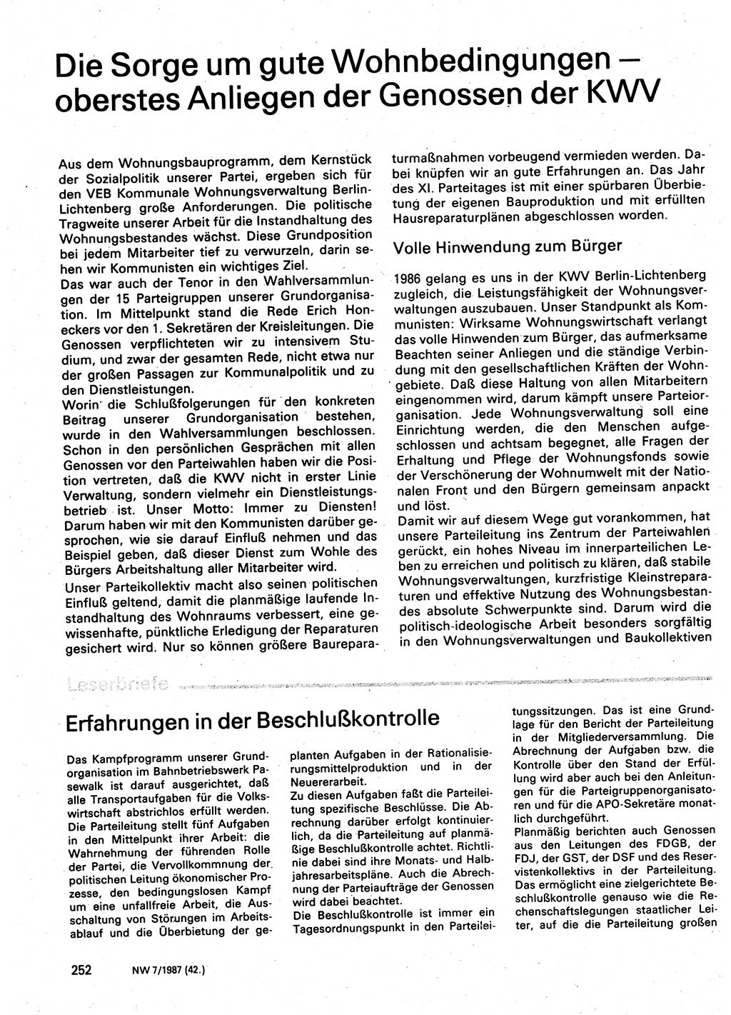 Neuer Weg (NW), Organ des Zentralkomitees (ZK) der SED (Sozialistische Einheitspartei Deutschlands) für Fragen des Parteilebens, 42. Jahrgang [Deutsche Demokratische Republik (DDR)] 1987, Seite 252 (NW ZK SED DDR 1987, S. 252)