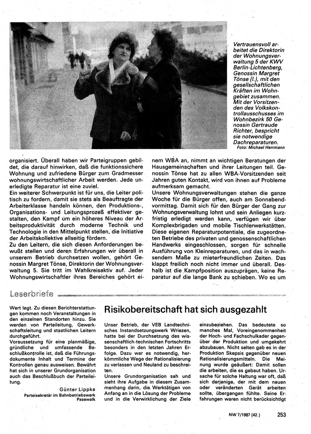 Neuer Weg (NW), Organ des Zentralkomitees (ZK) der SED (Sozialistische Einheitspartei Deutschlands) für Fragen des Parteilebens, 42. Jahrgang [Deutsche Demokratische Republik (DDR)] 1987, Seite 253 (NW ZK SED DDR 1987, S. 253)
