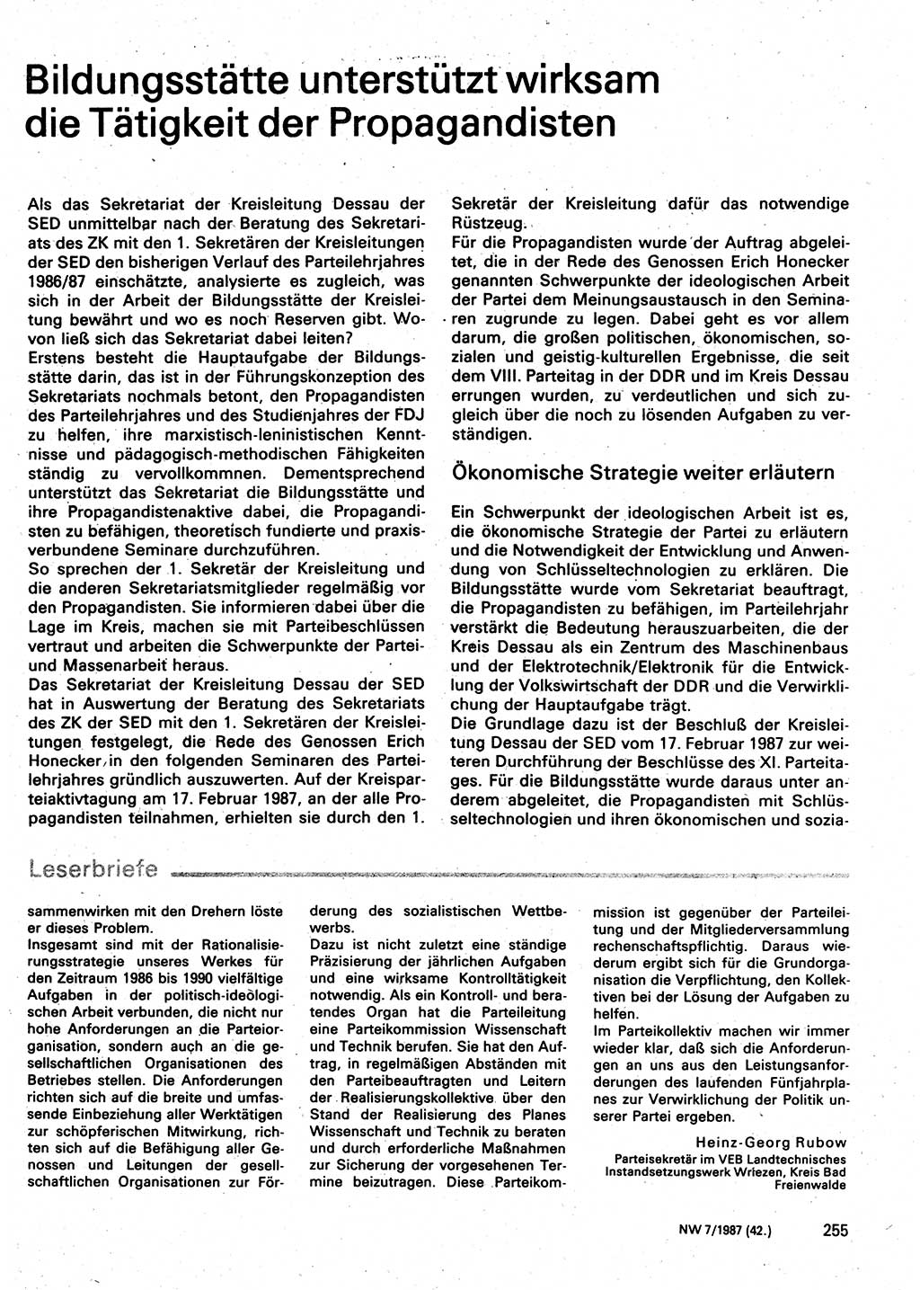 Neuer Weg (NW), Organ des Zentralkomitees (ZK) der SED (Sozialistische Einheitspartei Deutschlands) für Fragen des Parteilebens, 42. Jahrgang [Deutsche Demokratische Republik (DDR)] 1987, Seite 255 (NW ZK SED DDR 1987, S. 255)