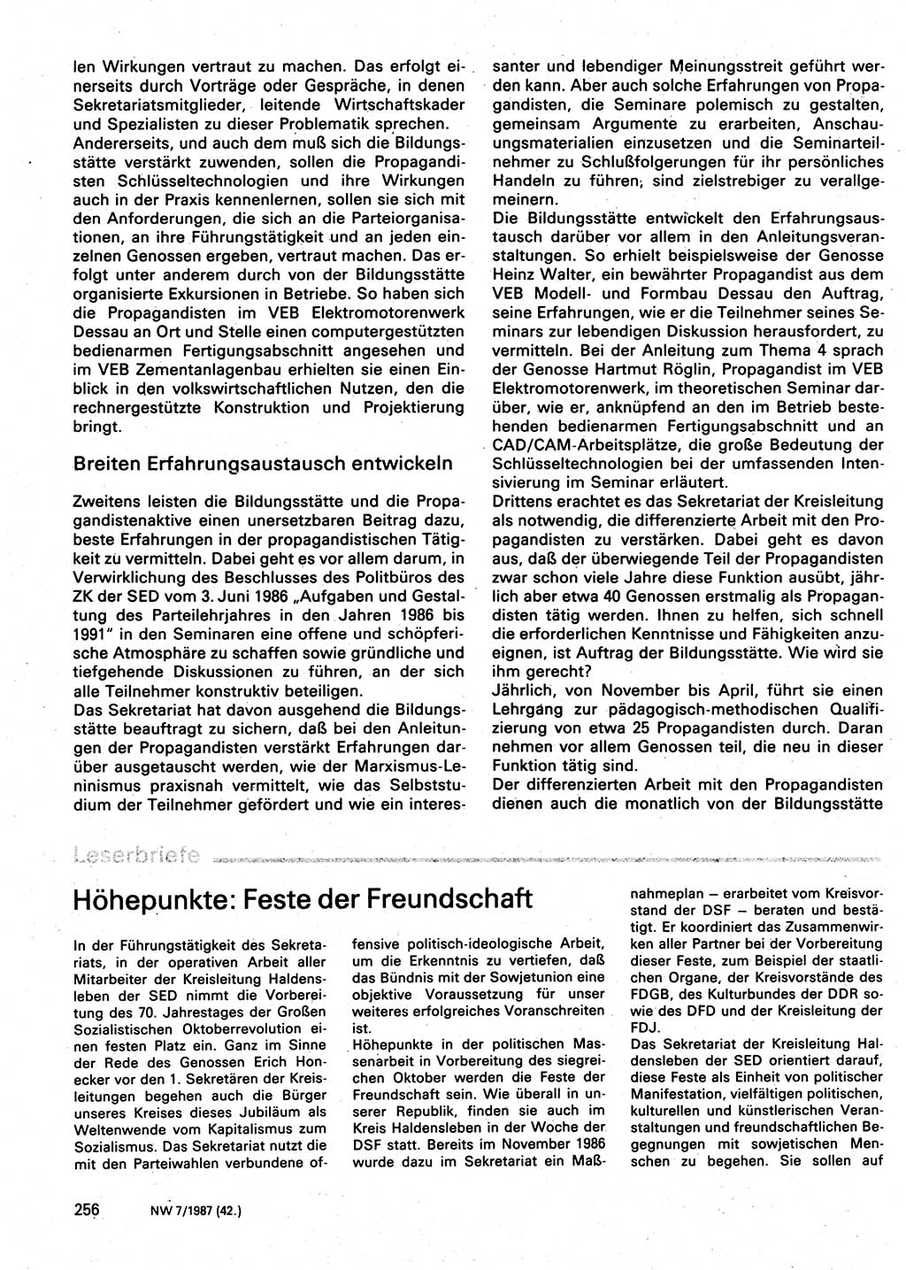 Neuer Weg (NW), Organ des Zentralkomitees (ZK) der SED (Sozialistische Einheitspartei Deutschlands) für Fragen des Parteilebens, 42. Jahrgang [Deutsche Demokratische Republik (DDR)] 1987, Seite 256 (NW ZK SED DDR 1987, S. 256)