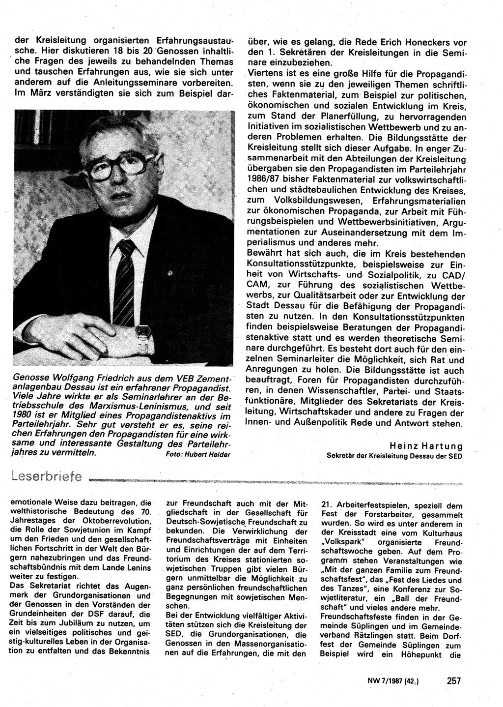 Neuer Weg (NW), Organ des Zentralkomitees (ZK) der SED (Sozialistische Einheitspartei Deutschlands) für Fragen des Parteilebens, 42. Jahrgang [Deutsche Demokratische Republik (DDR)] 1987, Seite 257 (NW ZK SED DDR 1987, S. 257)