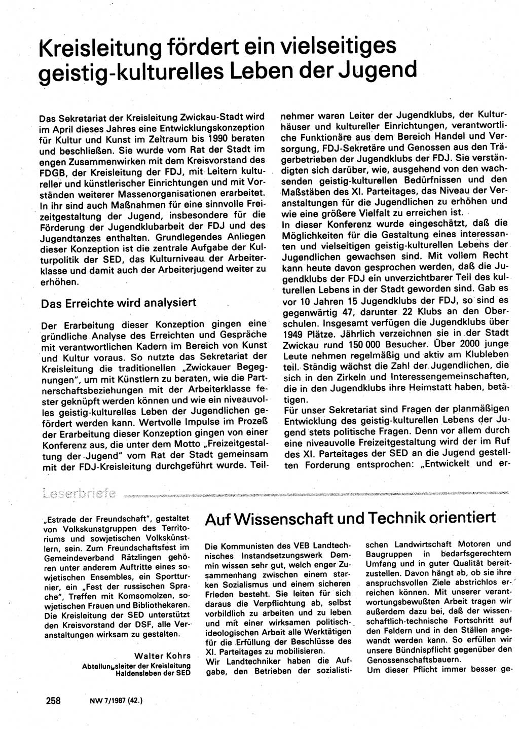 Neuer Weg (NW), Organ des Zentralkomitees (ZK) der SED (Sozialistische Einheitspartei Deutschlands) für Fragen des Parteilebens, 42. Jahrgang [Deutsche Demokratische Republik (DDR)] 1987, Seite 258 (NW ZK SED DDR 1987, S. 258)