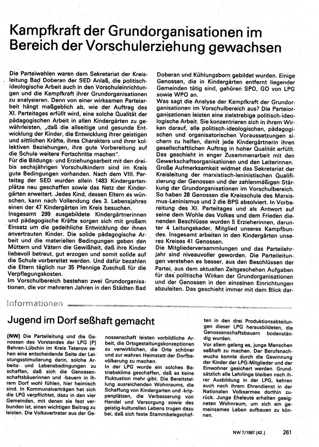 Neuer Weg (NW), Organ des Zentralkomitees (ZK) der SED (Sozialistische Einheitspartei Deutschlands) für Fragen des Parteilebens, 42. Jahrgang [Deutsche Demokratische Republik (DDR)] 1987, Seite 261 (NW ZK SED DDR 1987, S. 261)