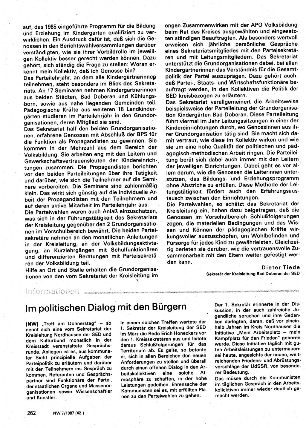 Neuer Weg (NW), Organ des Zentralkomitees (ZK) der SED (Sozialistische Einheitspartei Deutschlands) für Fragen des Parteilebens, 42. Jahrgang [Deutsche Demokratische Republik (DDR)] 1987, Seite 262 (NW ZK SED DDR 1987, S. 262)