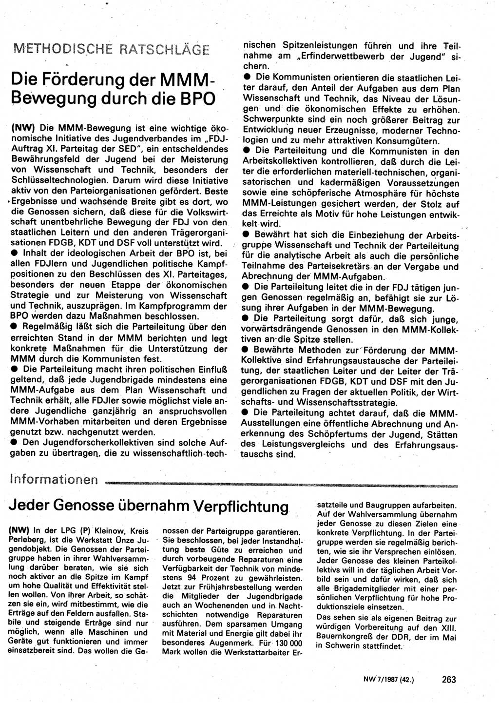 Neuer Weg (NW), Organ des Zentralkomitees (ZK) der SED (Sozialistische Einheitspartei Deutschlands) für Fragen des Parteilebens, 42. Jahrgang [Deutsche Demokratische Republik (DDR)] 1987, Seite 263 (NW ZK SED DDR 1987, S. 263)