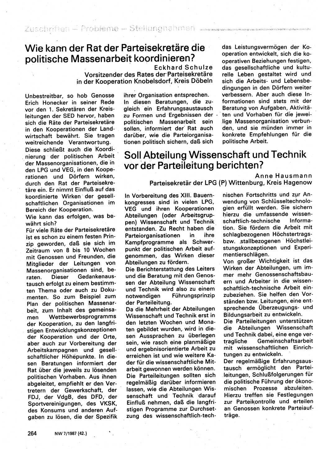 Neuer Weg (NW), Organ des Zentralkomitees (ZK) der SED (Sozialistische Einheitspartei Deutschlands) für Fragen des Parteilebens, 42. Jahrgang [Deutsche Demokratische Republik (DDR)] 1987, Seite 264 (NW ZK SED DDR 1987, S. 264)