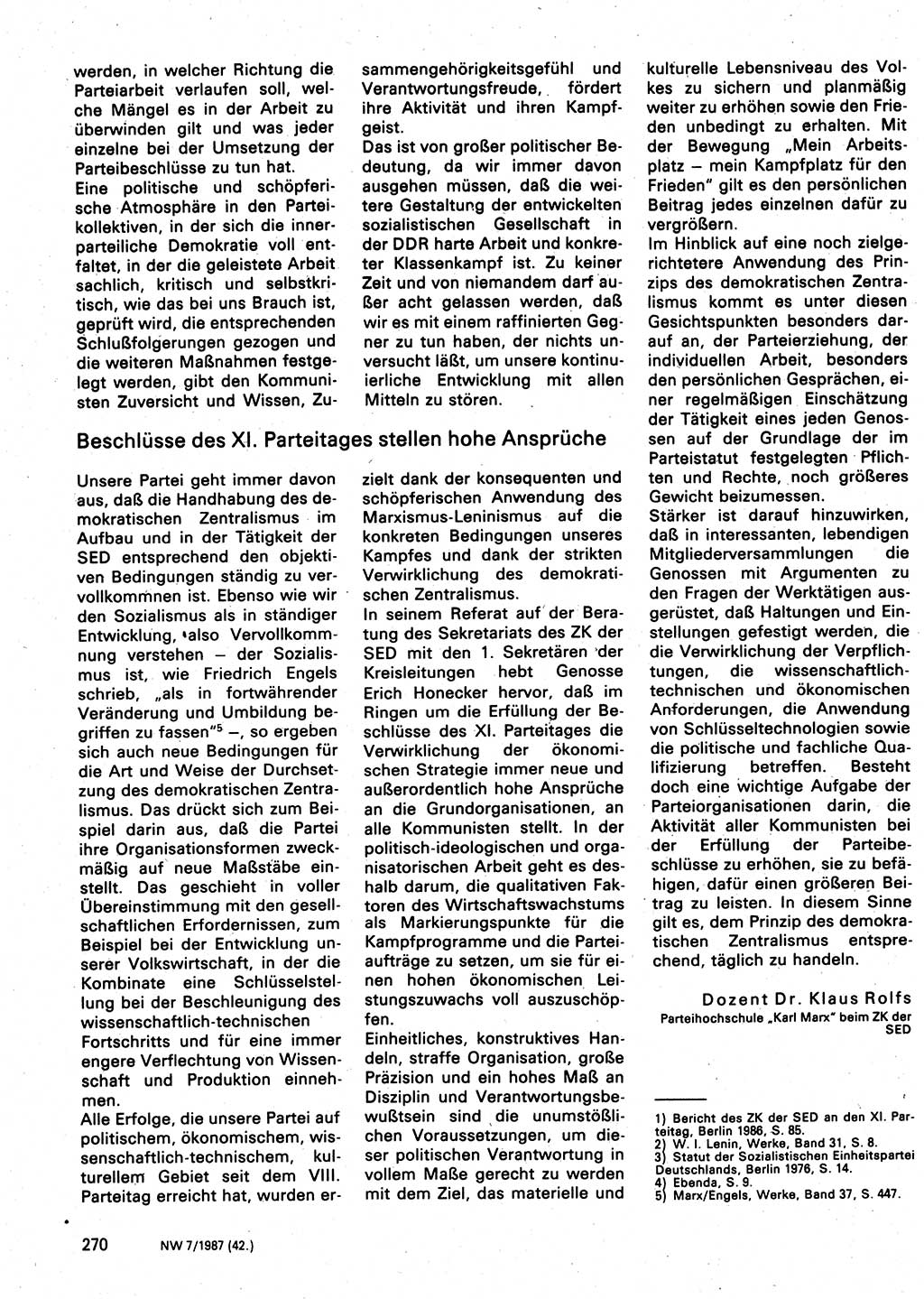 Neuer Weg (NW), Organ des Zentralkomitees (ZK) der SED (Sozialistische Einheitspartei Deutschlands) für Fragen des Parteilebens, 42. Jahrgang [Deutsche Demokratische Republik (DDR)] 1987, Seite 270 (NW ZK SED DDR 1987, S. 270)