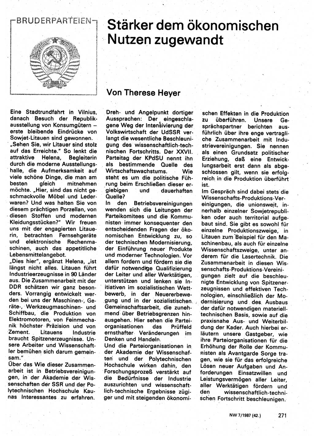 Neuer Weg (NW), Organ des Zentralkomitees (ZK) der SED (Sozialistische Einheitspartei Deutschlands) für Fragen des Parteilebens, 42. Jahrgang [Deutsche Demokratische Republik (DDR)] 1987, Seite 271 (NW ZK SED DDR 1987, S. 271)
