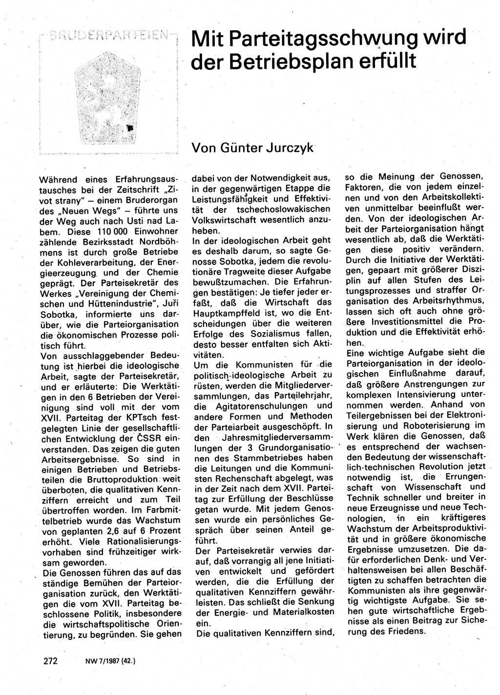 Neuer Weg (NW), Organ des Zentralkomitees (ZK) der SED (Sozialistische Einheitspartei Deutschlands) für Fragen des Parteilebens, 42. Jahrgang [Deutsche Demokratische Republik (DDR)] 1987, Seite 272 (NW ZK SED DDR 1987, S. 272)