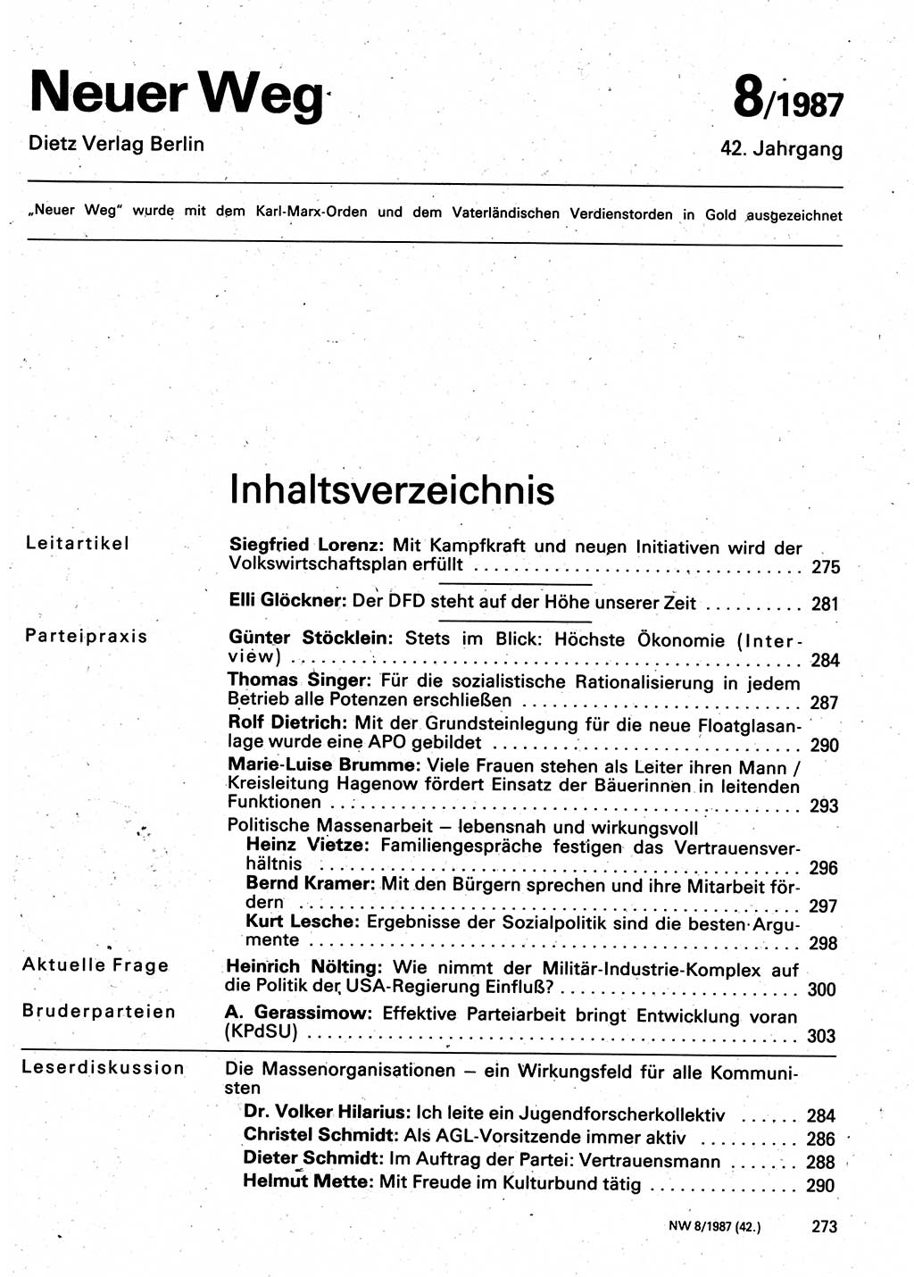 Neuer Weg (NW), Organ des Zentralkomitees (ZK) der SED (Sozialistische Einheitspartei Deutschlands) für Fragen des Parteilebens, 42. Jahrgang [Deutsche Demokratische Republik (DDR)] 1987, Seite 273 (NW ZK SED DDR 1987, S. 273)