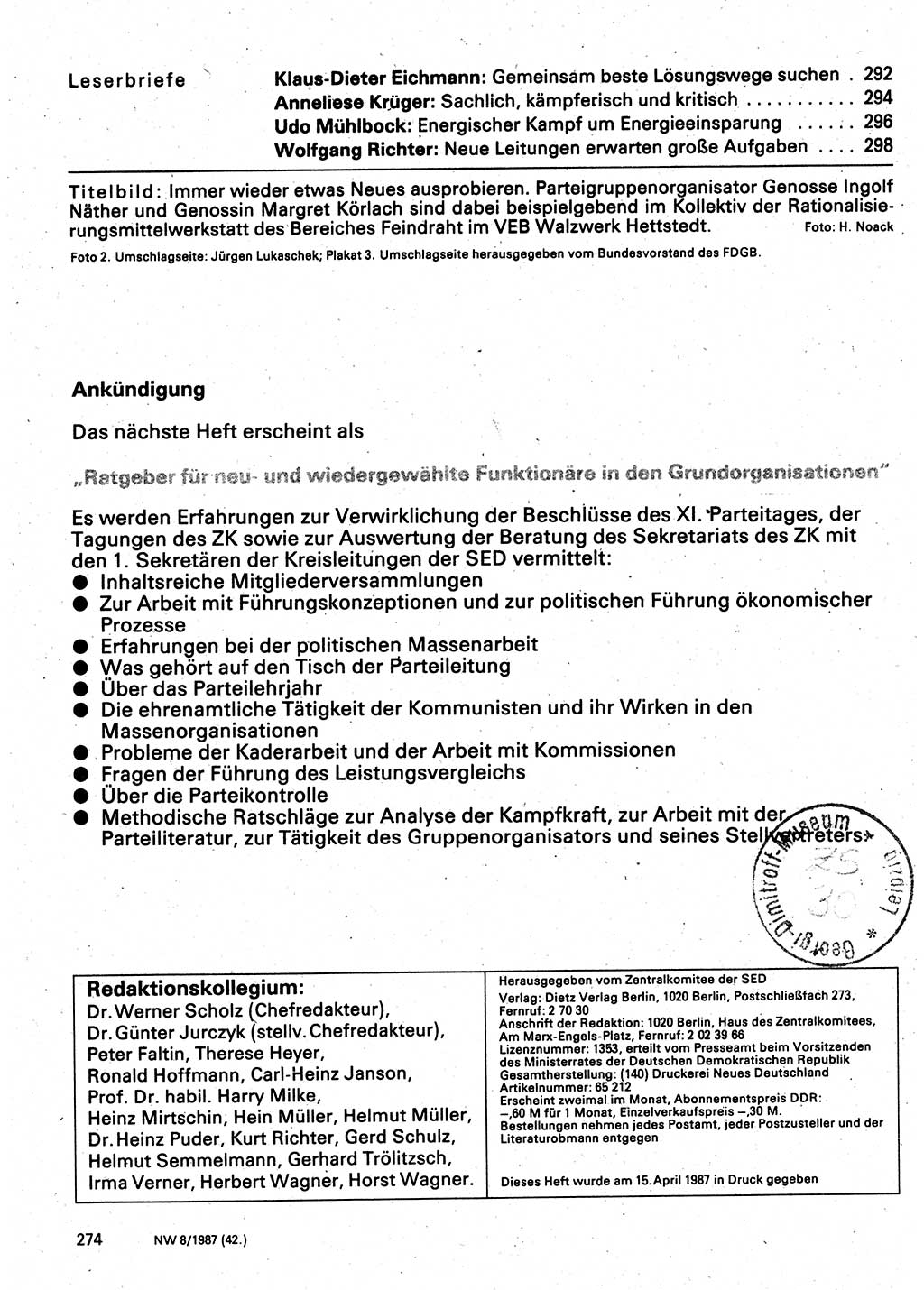 Neuer Weg (NW), Organ des Zentralkomitees (ZK) der SED (Sozialistische Einheitspartei Deutschlands) für Fragen des Parteilebens, 42. Jahrgang [Deutsche Demokratische Republik (DDR)] 1987, Seite 274 (NW ZK SED DDR 1987, S. 274)