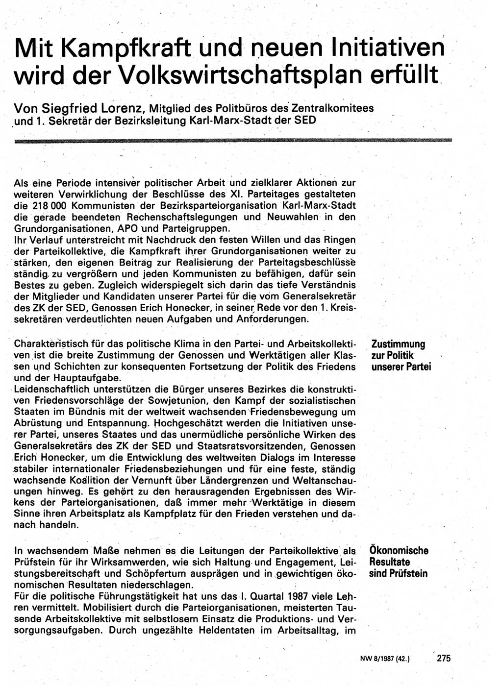 Neuer Weg (NW), Organ des Zentralkomitees (ZK) der SED (Sozialistische Einheitspartei Deutschlands) für Fragen des Parteilebens, 42. Jahrgang [Deutsche Demokratische Republik (DDR)] 1987, Seite 275 (NW ZK SED DDR 1987, S. 275)