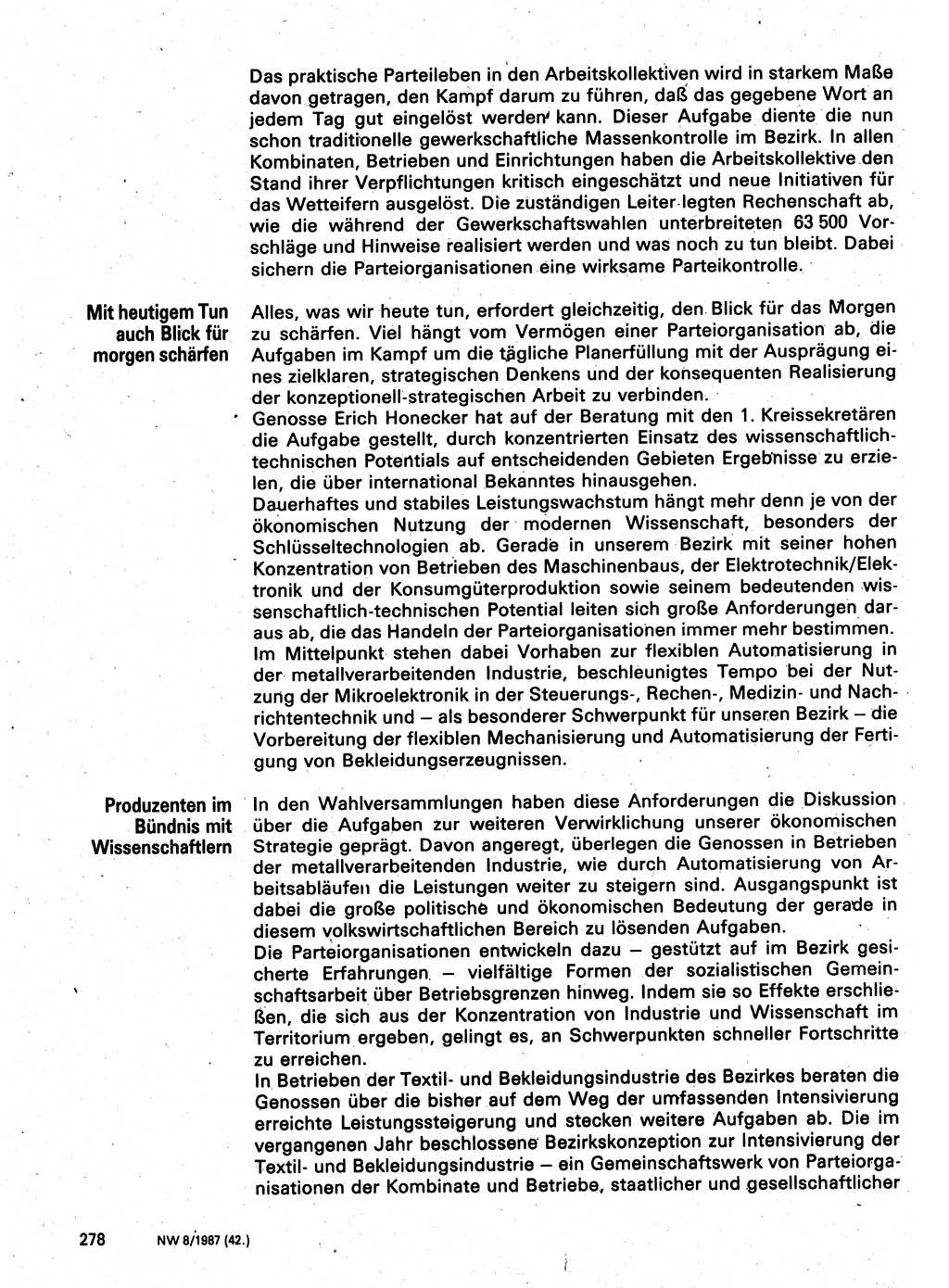 Neuer Weg (NW), Organ des Zentralkomitees (ZK) der SED (Sozialistische Einheitspartei Deutschlands) für Fragen des Parteilebens, 42. Jahrgang [Deutsche Demokratische Republik (DDR)] 1987, Seite 278 (NW ZK SED DDR 1987, S. 278)